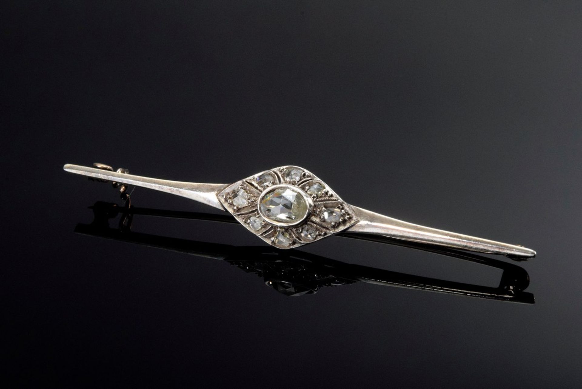 Art Deco GG 585/platinierte Stabnadel mit Amsterdamer Diamantrosen (zus. ca. 0.30ct/SI-P/TCR-C), 3,