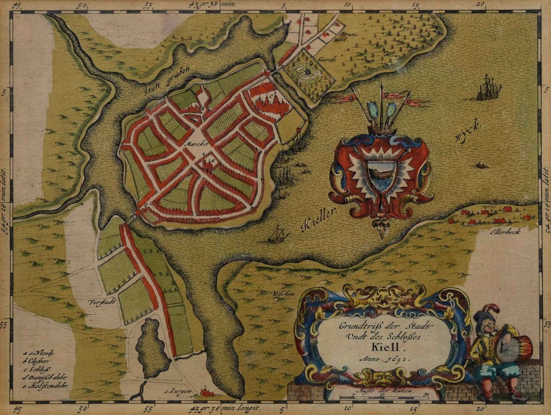 Mejer, Johannes (1606-1674) "Grundtriß der Stadt Undt des Schloßes Kiell", 1652, kolorierter