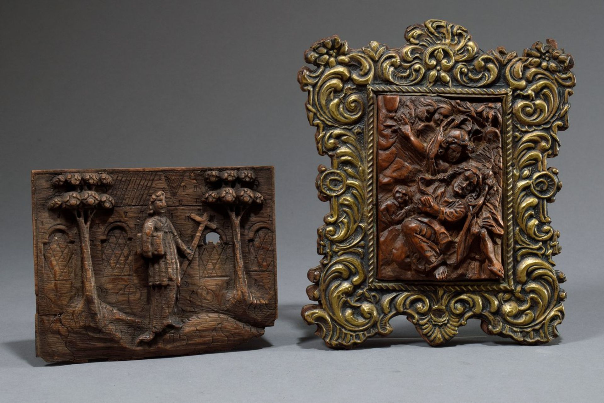 2 Diverse Reliefschnitzereien des 17./18. Jahrhunderts: "Christus am Ölberg", Olivenholz gebeizt,