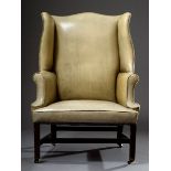 Englischer Leder Grandfather Wingchair auf Rollen, um 1800, H. 42/120cm, neu geledert und