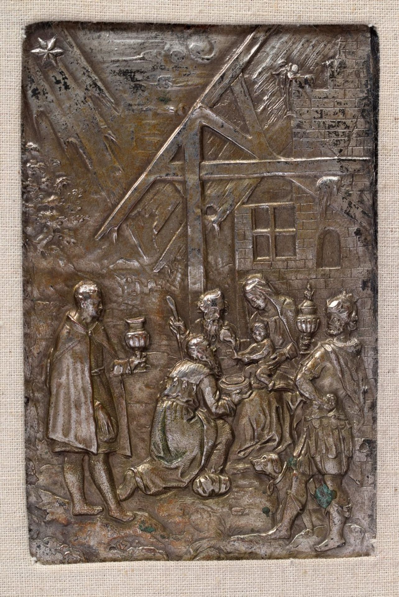 Plakette „Epiphanias“, Kupfer versilbert, in Stoff-Rahmen montiert, Deutsch 19.Jh., 10,5x7cm (m.