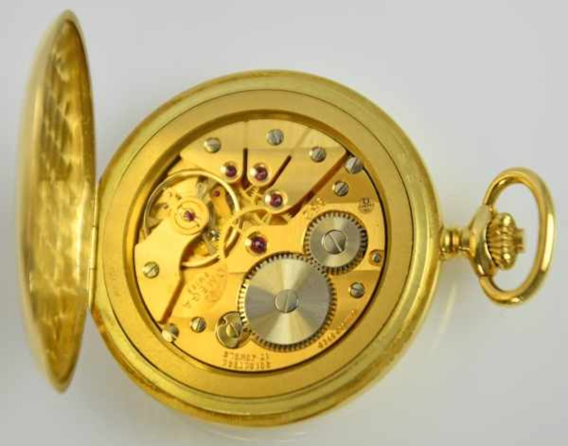 SAVONETTE Omega, Goldgehäuse 18ct mit polierten Deckeln, Emailziffernblatt mit römischen Ziffern, - Bild 4 aus 4