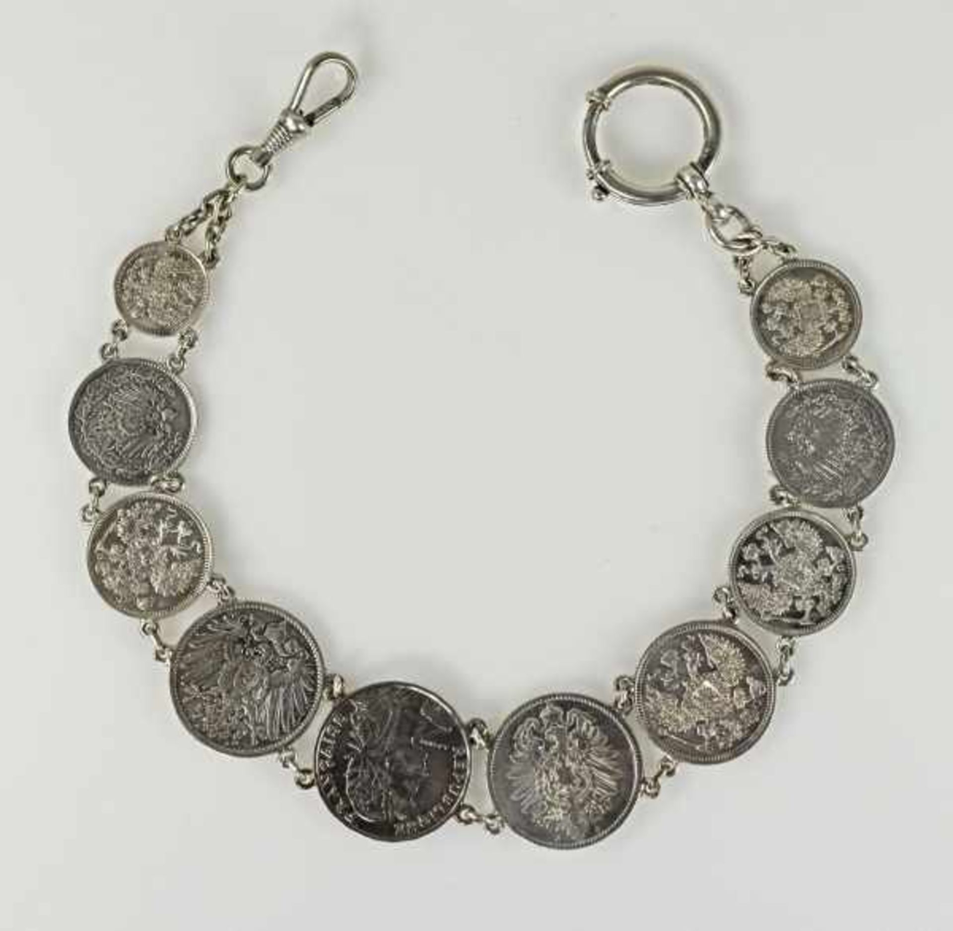 MÜNZ-UHRENKETTE 10 Silbermünzen im Verlauf: Mark, 1/2 Mark, Centimes, russische Münzen, Ende 19./ - Bild 2 aus 2