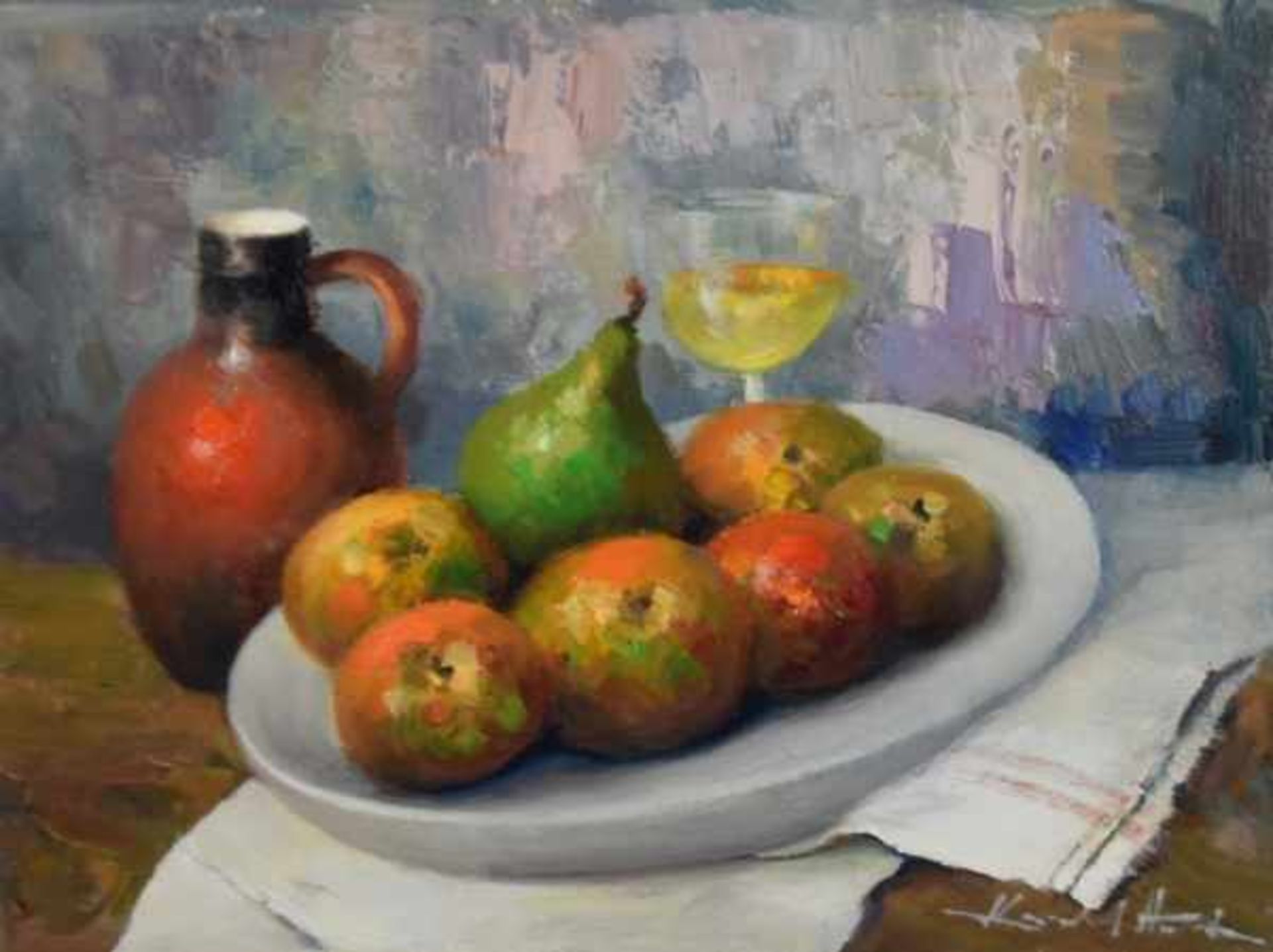 HODR Karel (1910 Prag - 2002 Konstanz) "Stilleben Äpfel", Äpfel und eine Birne auf weißem Teller mit