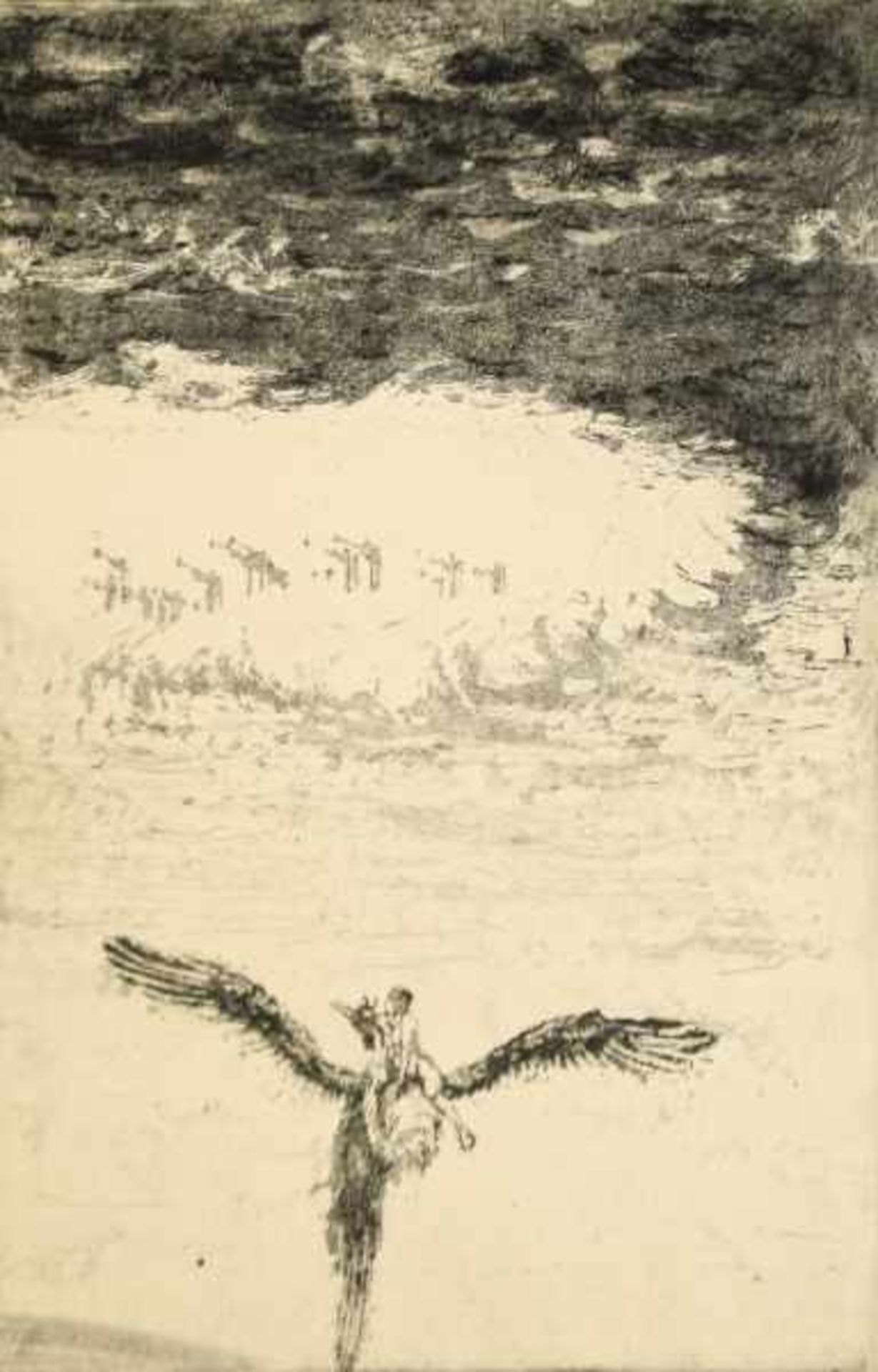 REHN Walter Richard (1884-1951 Dresden) "Der Traum", Mann auf Phönix fliegend vor beeindruckender