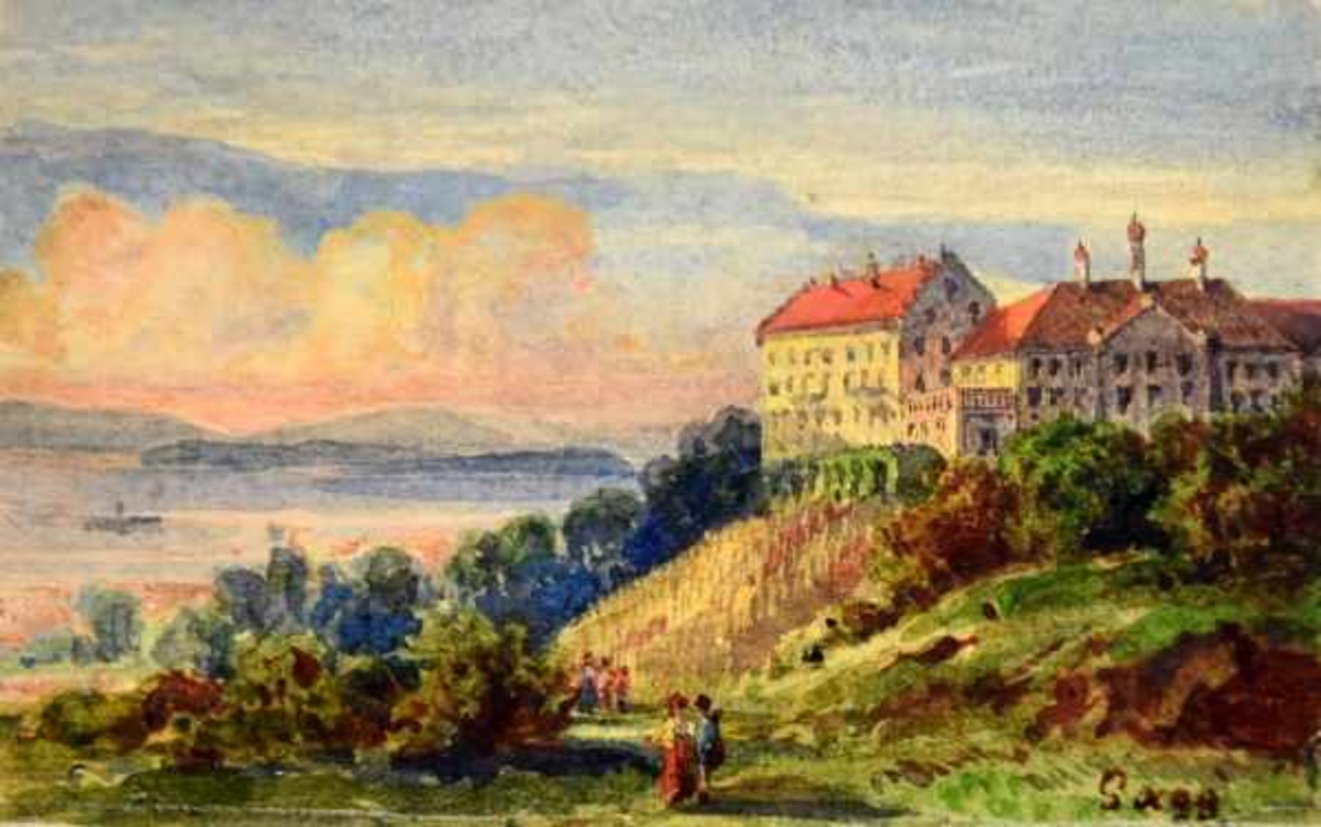 GAGG Gebhard (1838 Luzern - 1921 Konstanz) "Blick auf Meersburg", mit Weinbergen und