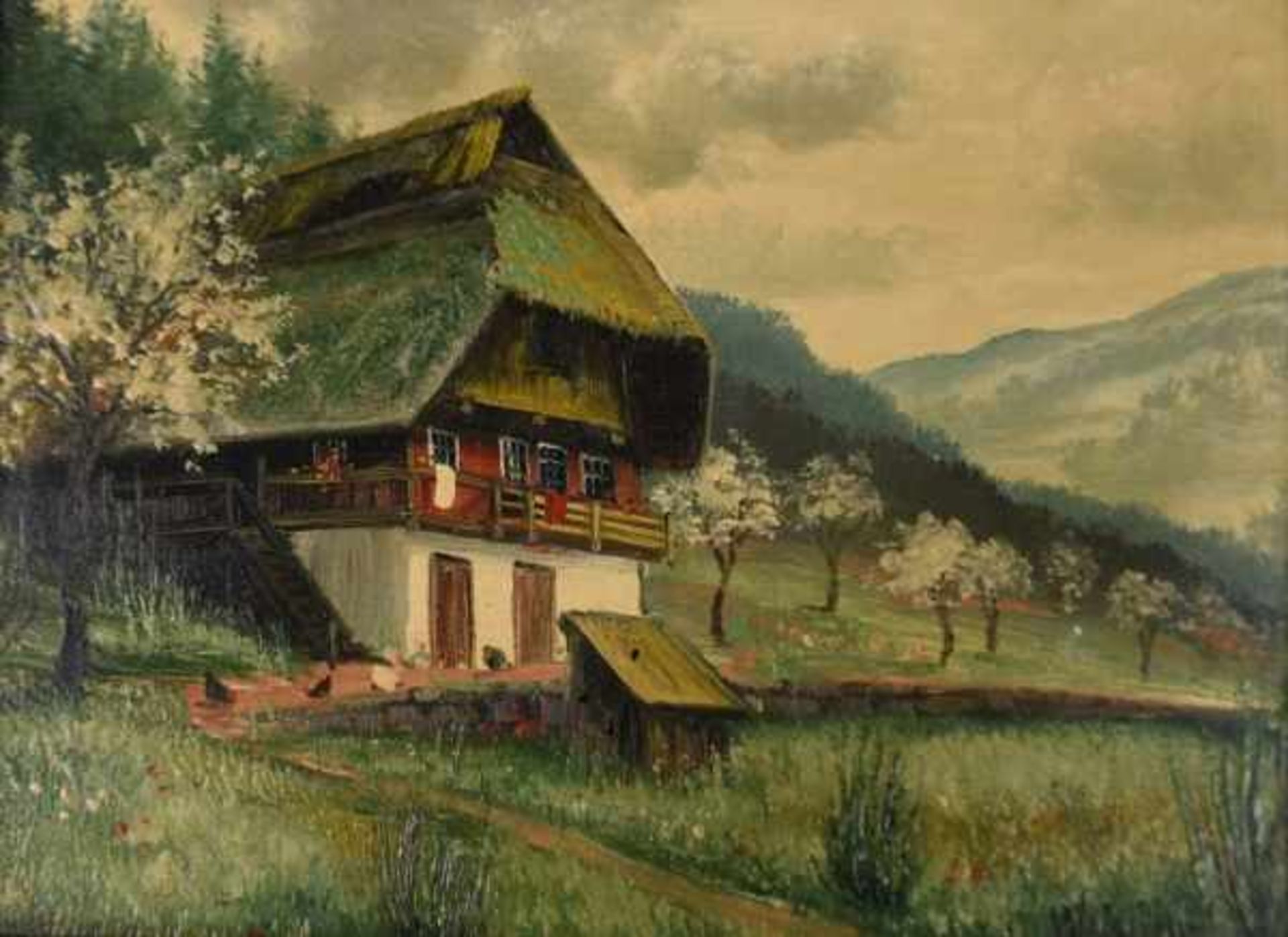 KING Wilhelm (ca. 1900 Schramberg) "Schwarzwaldhaus", idyllische Szene mit Hühnern und blühenden