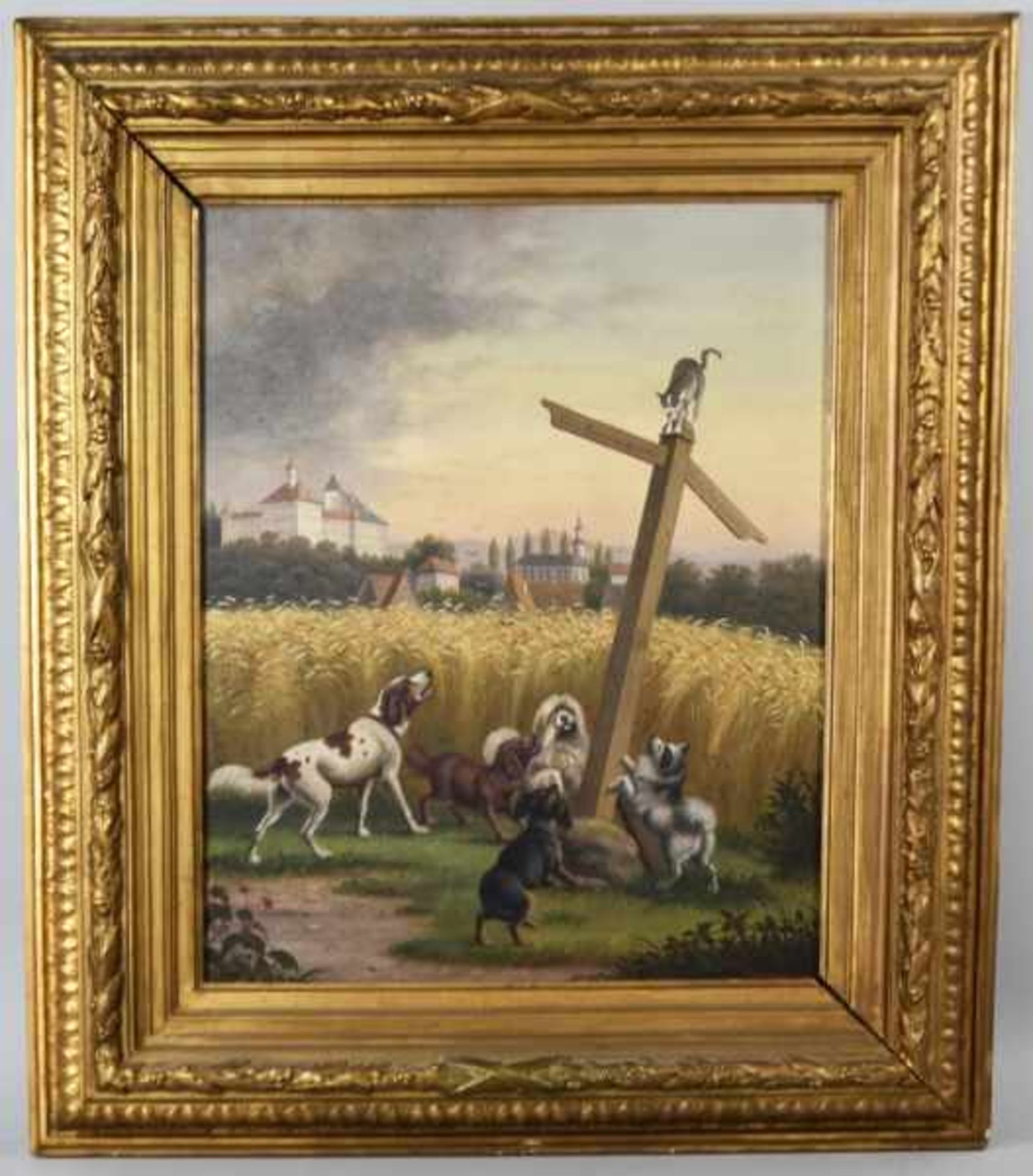 GEORGIUS Robert (1871 - 1942 Deutschland) "Hunde am Wegkreuz", 5 Hunde bellend vor einem Wegkreuz - Image 2 of 3