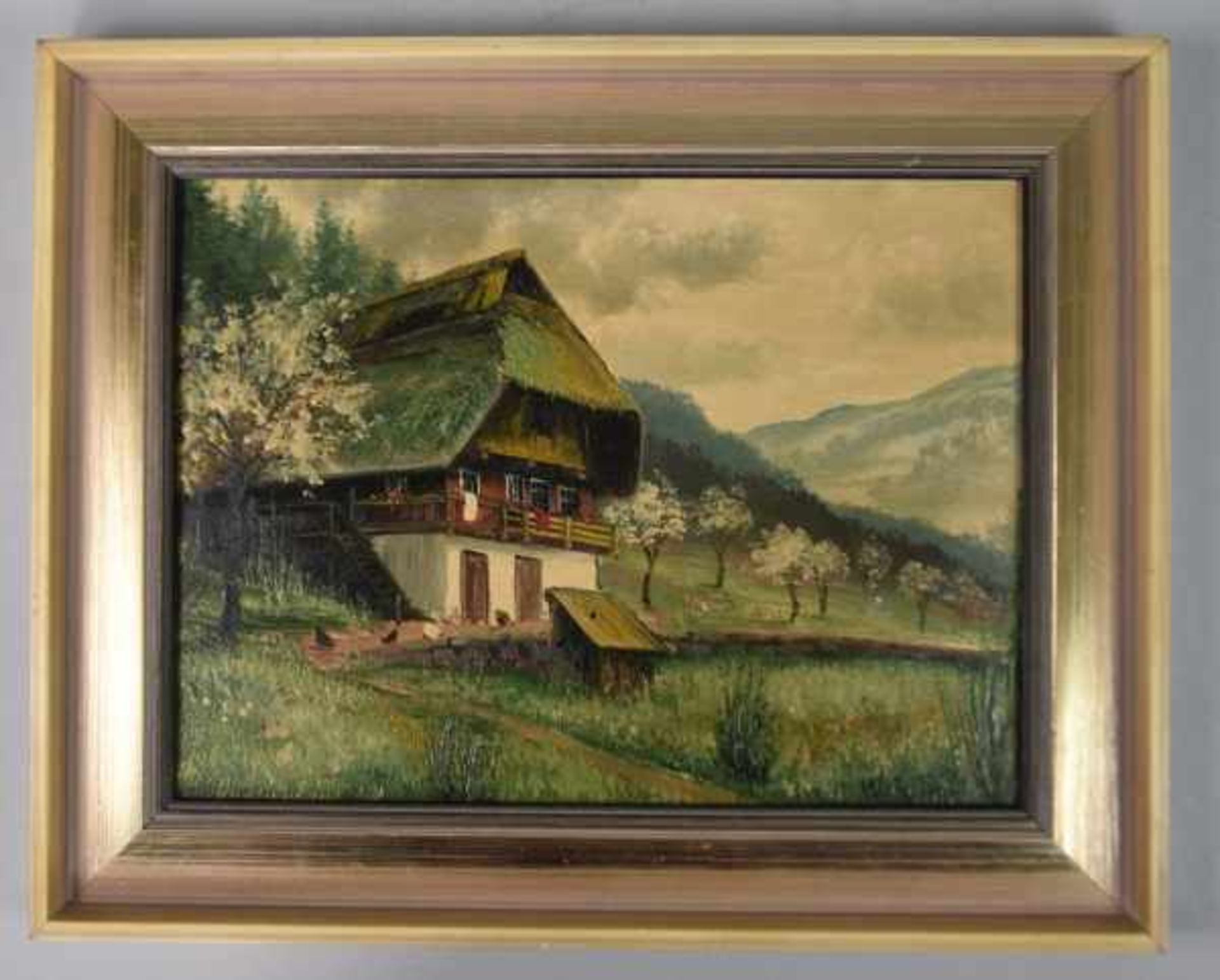 KING Wilhelm (ca. 1900 Schramberg) "Schwarzwaldhaus", idyllische Szene mit Hühnern und blühenden - Bild 2 aus 3