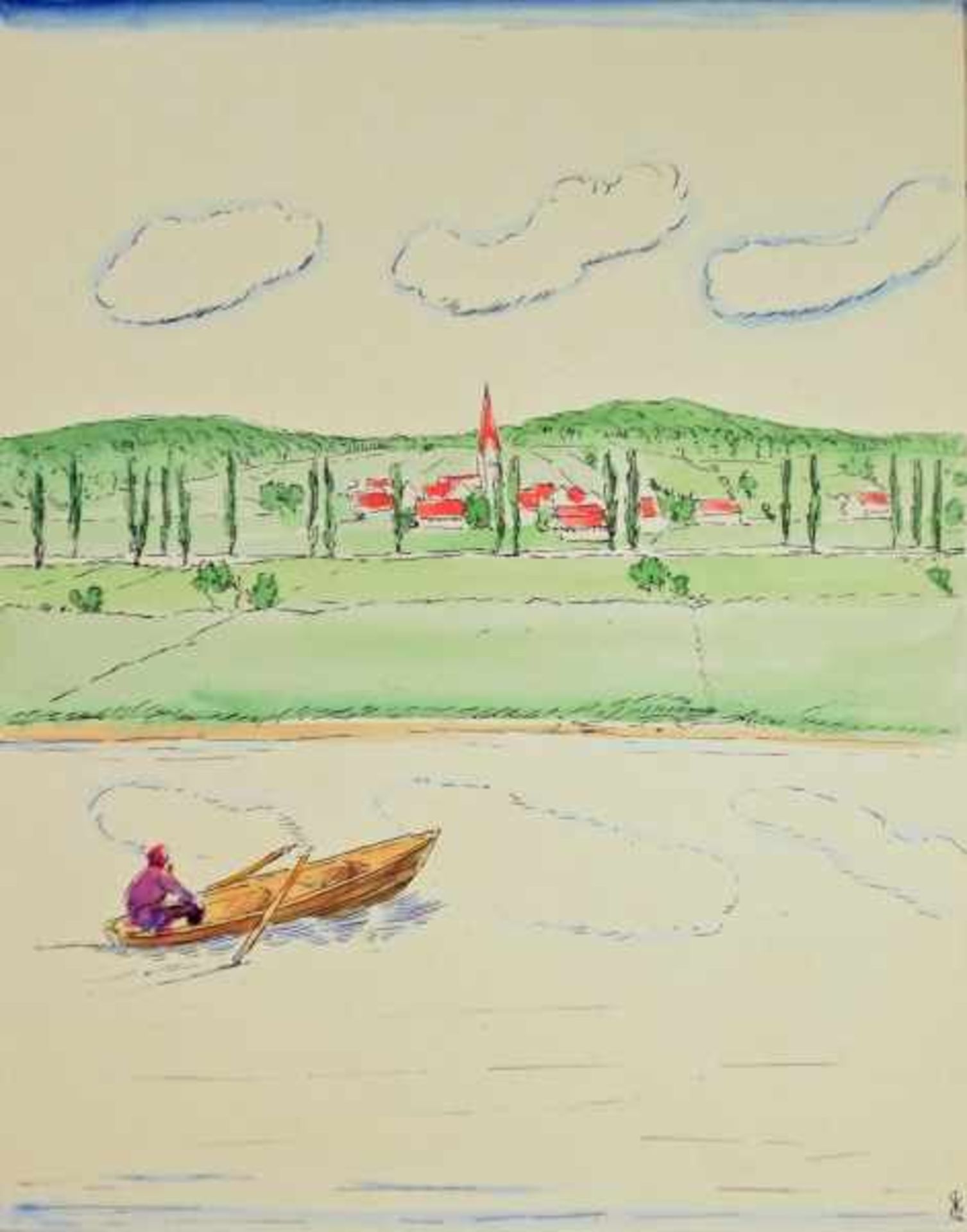 EINHART Karl (1884-1967 Konstanz) "Blick auf Dorf", vom See aus mit Ruderboot und Mann,