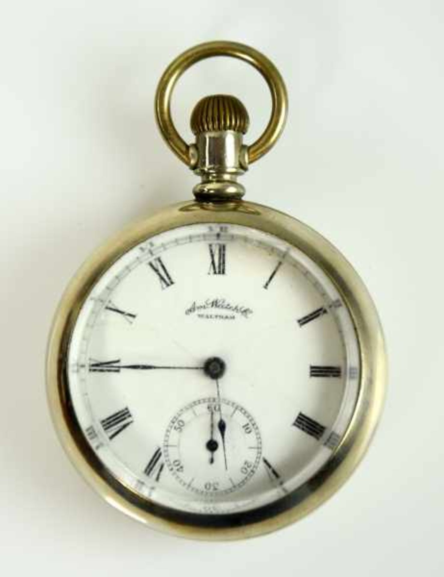 TASCHENUHR Waltham, "Am. Watch", verchromtes Gehäuse, Emailzifferblatt (Sprung) mit römischen