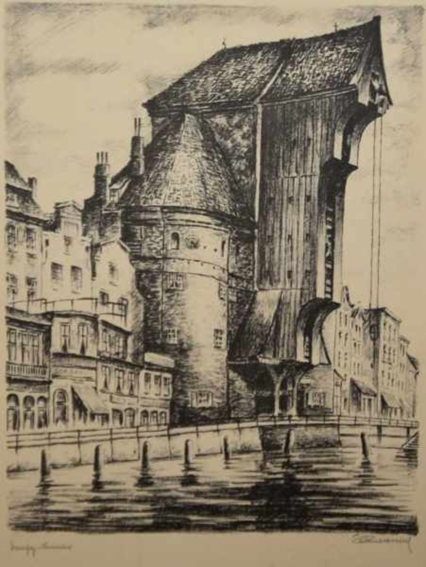 UNBEKANNT (Anfang 20.Jahrhundert) "Danzig-Krantor", Ansicht am Fluß, Lithographie in Schwarz,