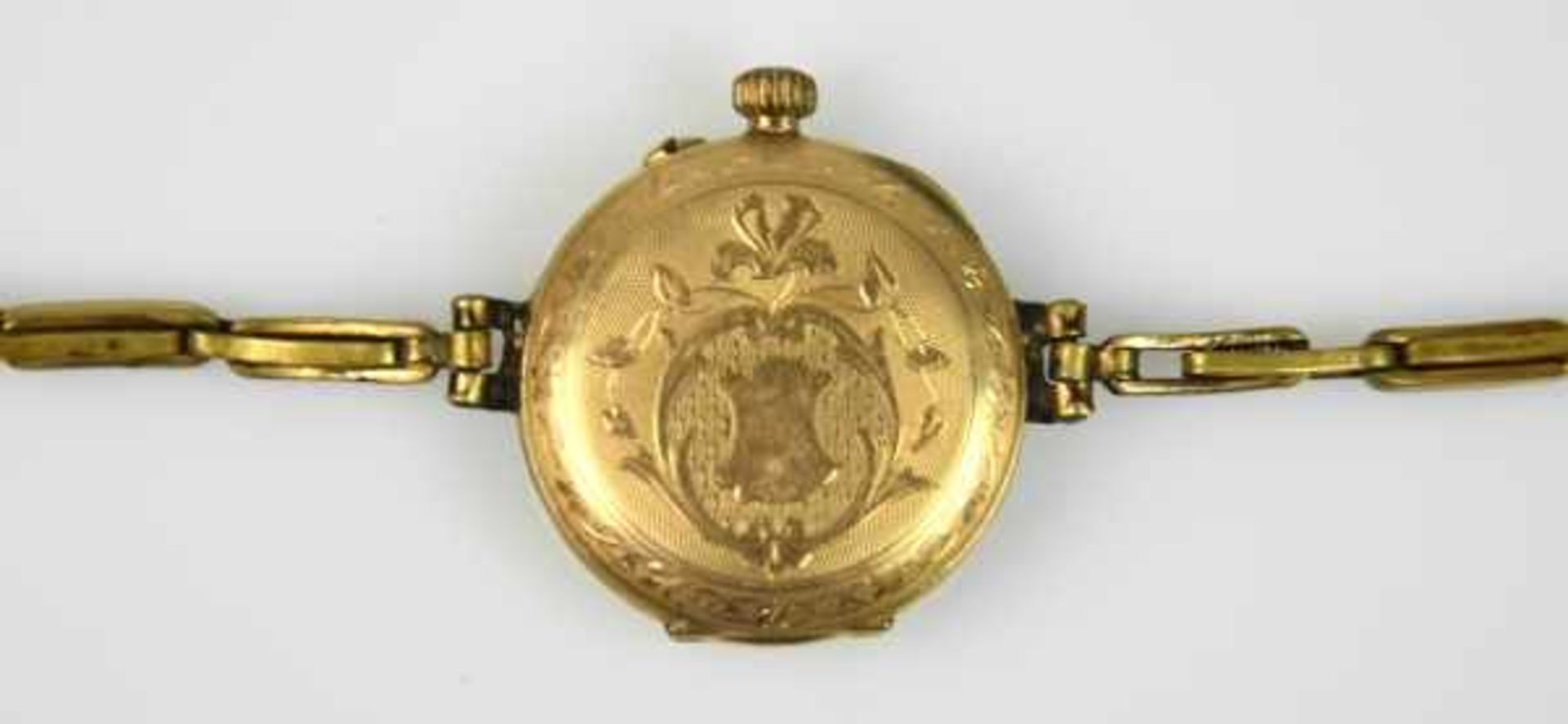 ARMBANDUHR rundes Goldgehäuse 14ct mit Jugendstildekor um 1900, Flexarmband, läuft an - Bild 3 aus 3