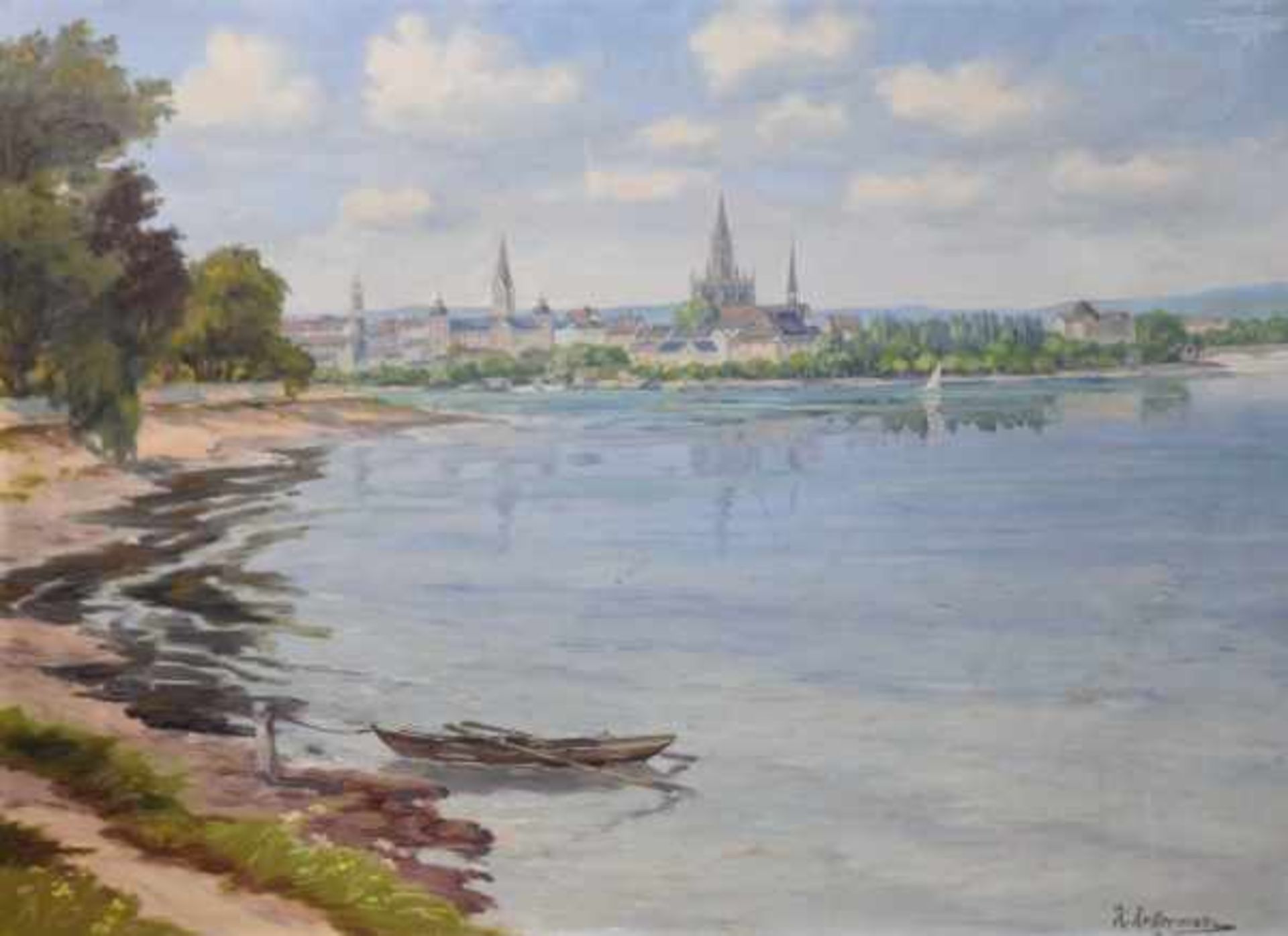 KELLERMANN Karl (1881-1968 Konstanz) "Blick auf Konstanz", sommerliche Uferlandschaft mit Sicht