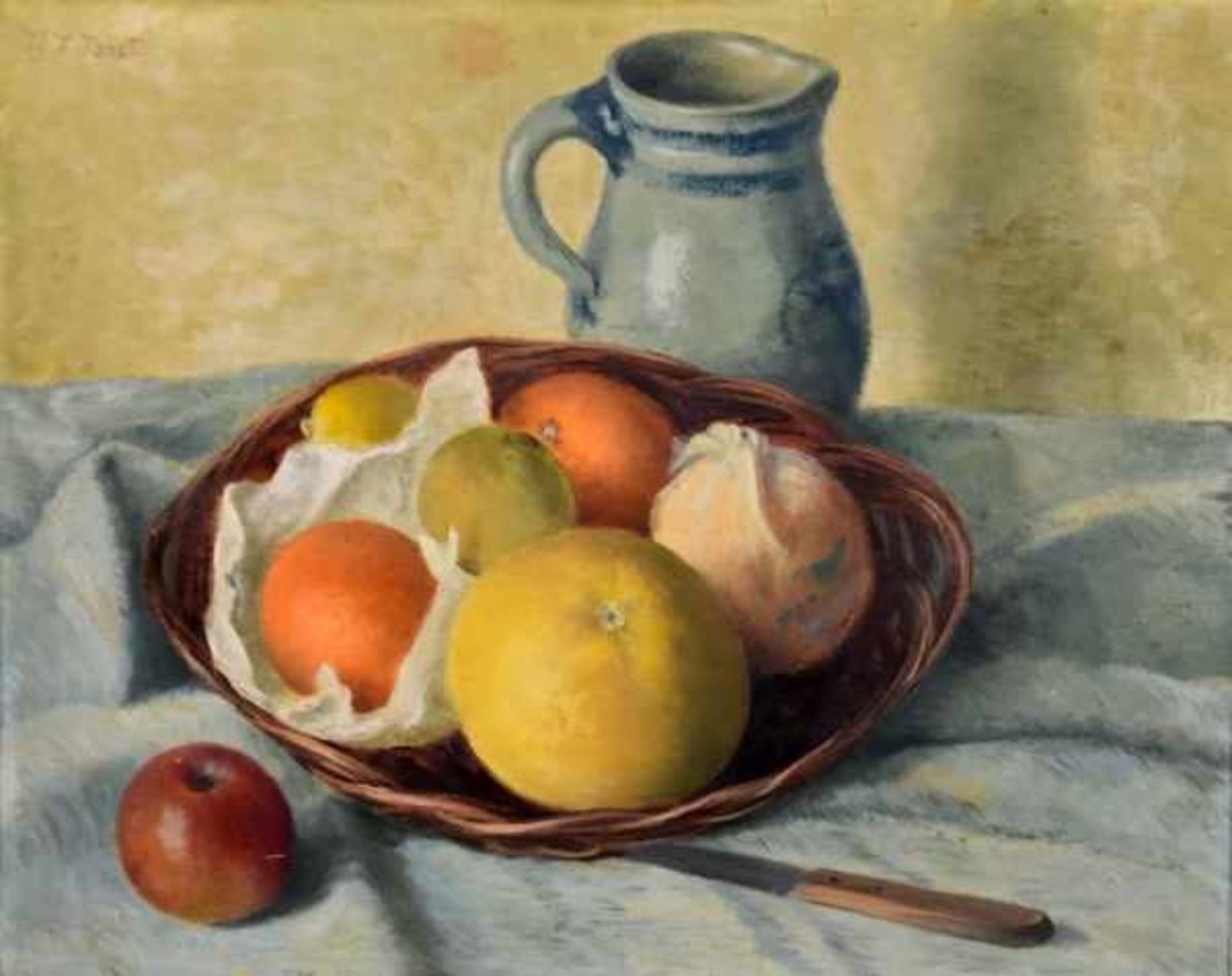 JOEST Karl Julius (1896 Solingen-1975 Düsseldorf) "Früchtekorb mit Krug", verschiedene Citrusfrüchte