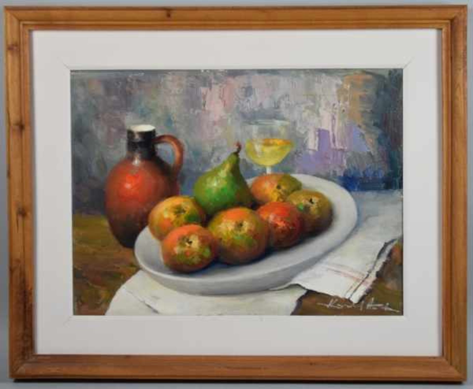 HODR Karel (1910 Prag - 2002 Konstanz) "Stilleben Äpfel", Äpfel und eine Birne auf weißem Teller mit - Image 2 of 4
