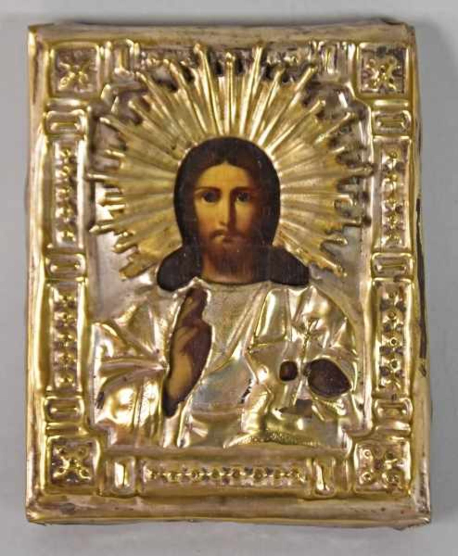 IKONE Christus, Ölgemälde auf Leinwand, aufgezogen auf Holz, Messing-Oklad mit applizierten Teilen - Bild 2 aus 3