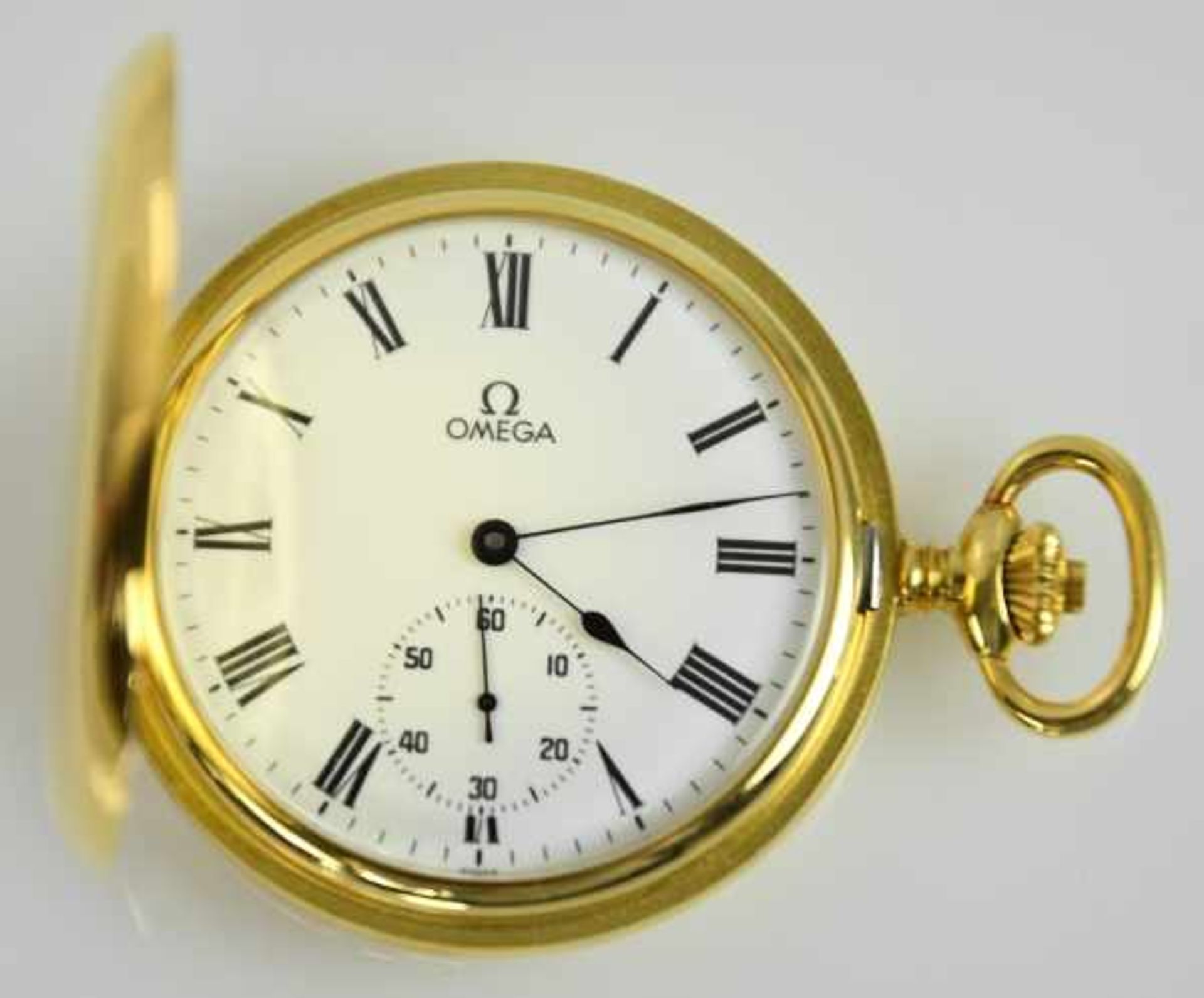 SAVONETTE Omega, Goldgehäuse 18ct mit polierten Deckeln, Emailziffernblatt mit römischen Ziffern, - Bild 2 aus 4