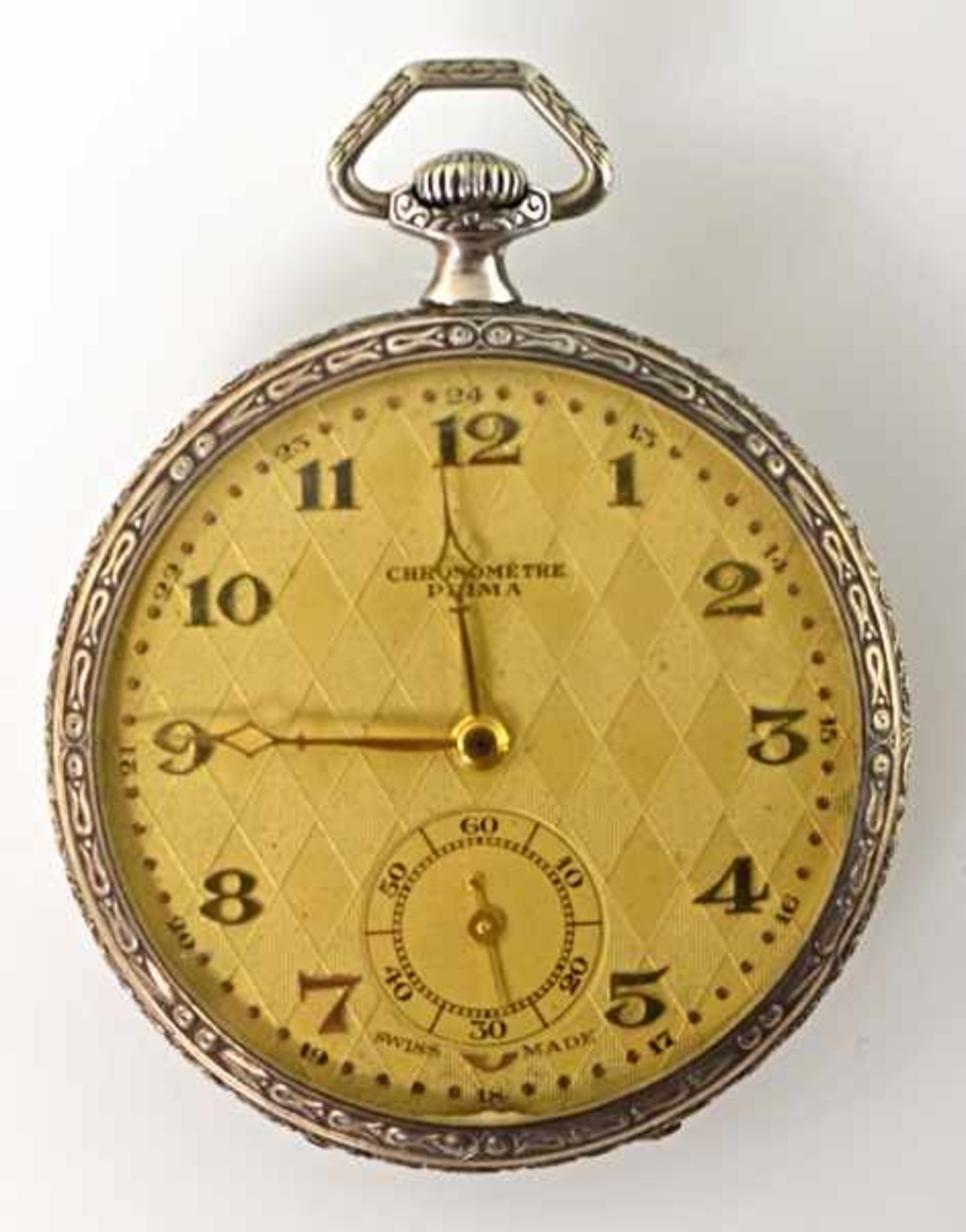 TASCHENUHR Chronomètre Prima, verziertes Silbergehäuse, goldfarbenes Ziffernblatt mit Rautendekor,