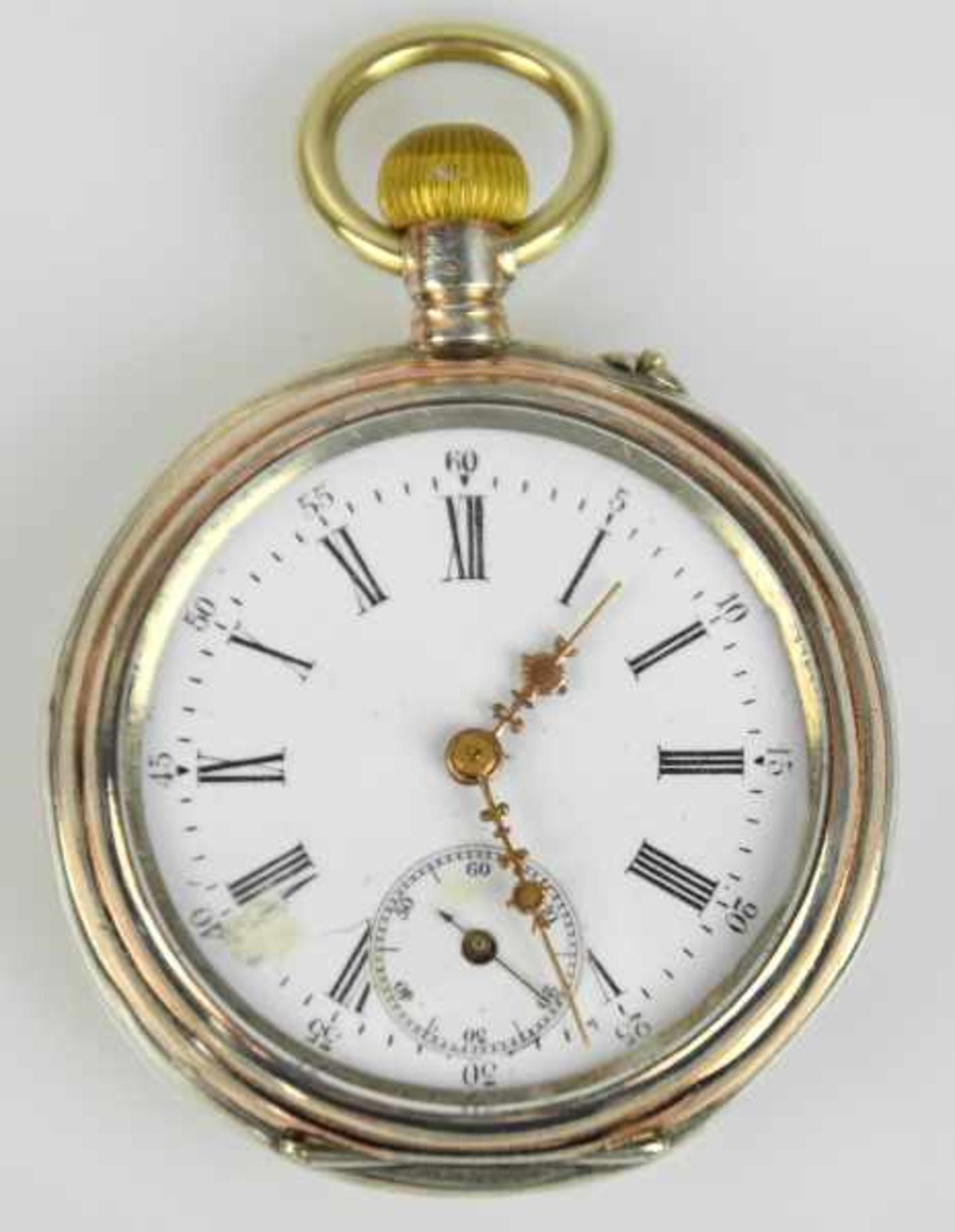 TASCHENUHR Gehäuse Silber 800 mit Widmung innen, Rückendeckel mit Dekor, Emailzifferblatt mit kl.