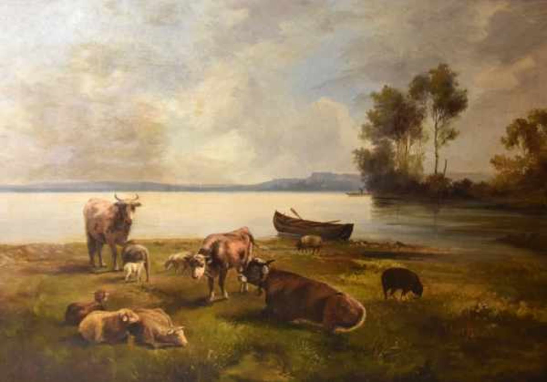 DITZ Albert (1835-1911) "Kühe am See", mit Schafen und Lämmern umgeben von einer fruchtbaren