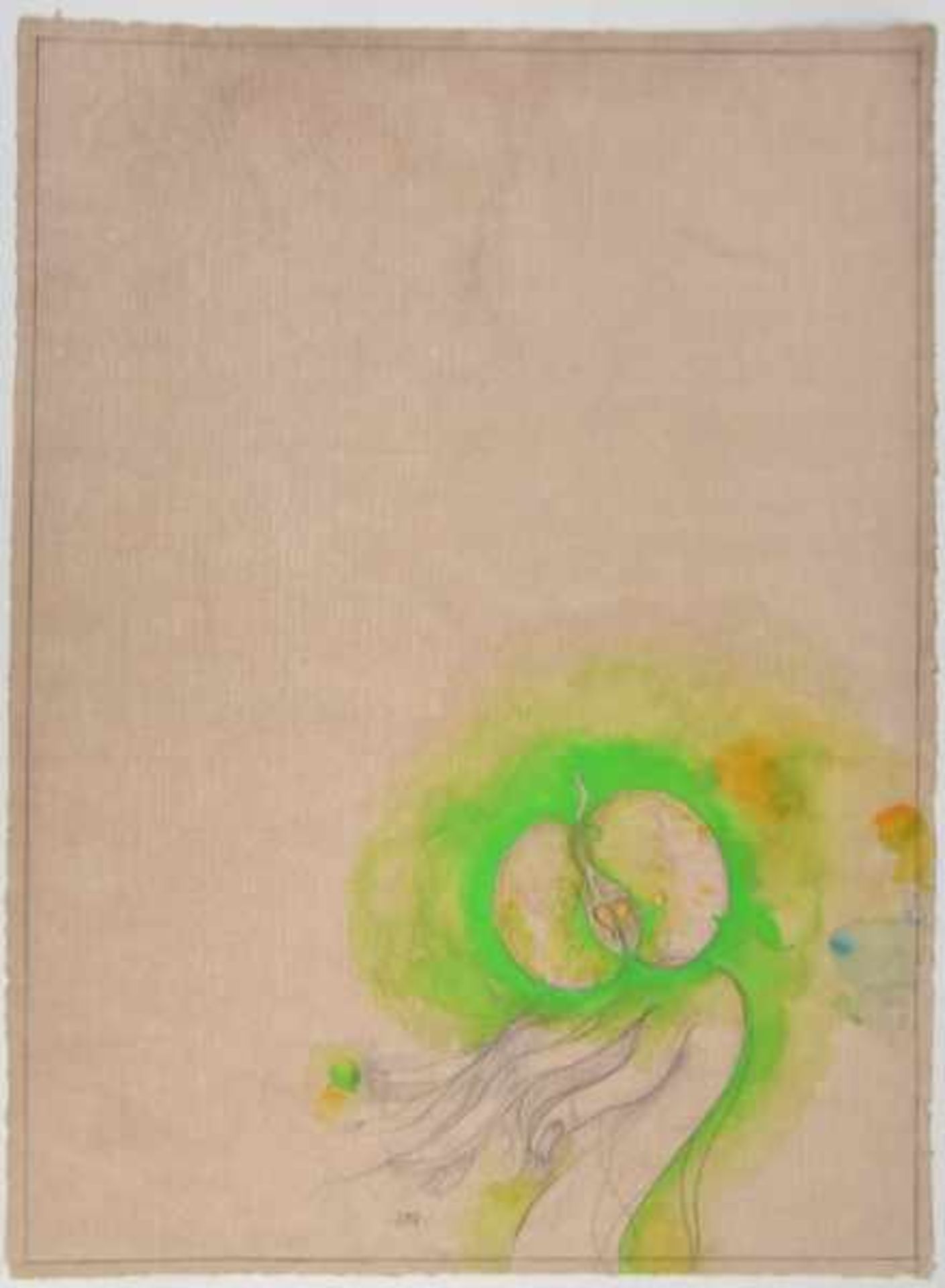 BRUNI Bruno (1935 Gradara) "Hand mit grünem Apfel" Bleistiftzeichnung mit Aquarell auf getöntem