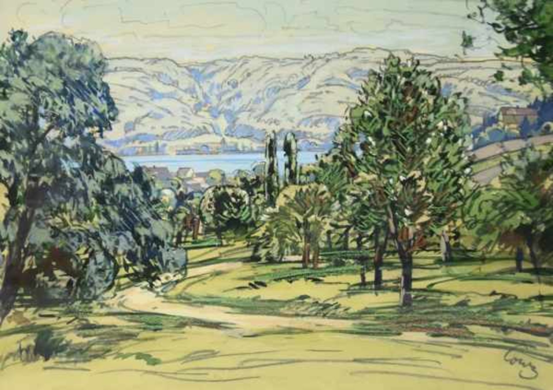 CONZ Walter (1872 Stuttgart-1947 Überlingen) "Blick auf Bodman", im Vordergrund Dorf in