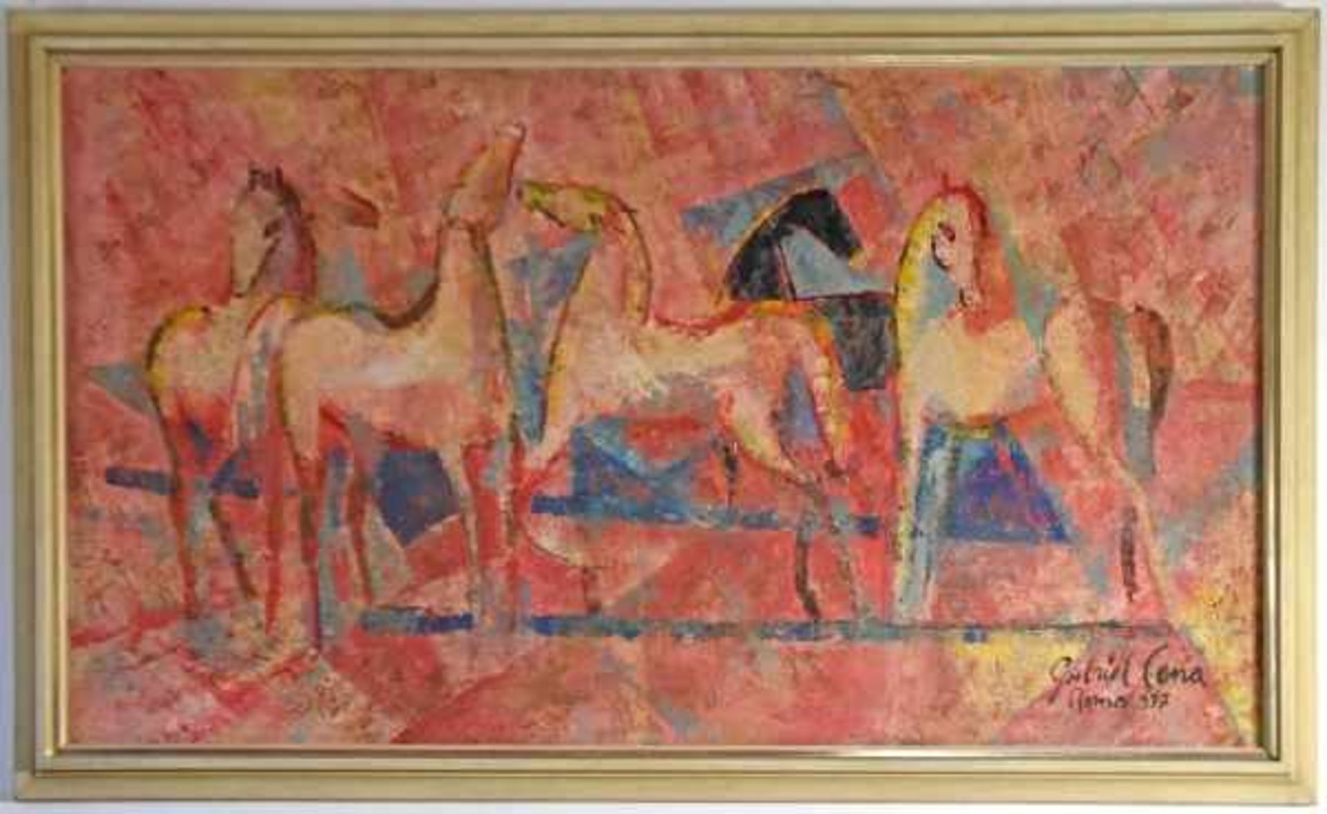CENA Gabriel (20. Jahrhundert) "Rote Pferde" Gruppe von Pferden in Bewegung, Ölgemälde auf Platte, - Bild 2 aus 5