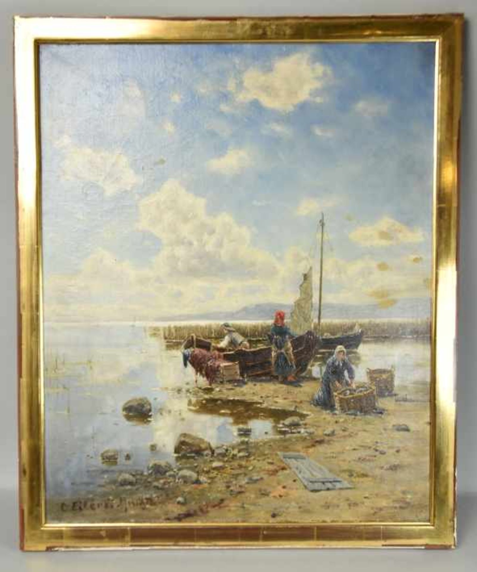 EILERS Conrad (1845 Kuhnkendorf - 1914 München) "Fischer am Ufer" beim Ausladen des Bootes, mit - Bild 2 aus 7