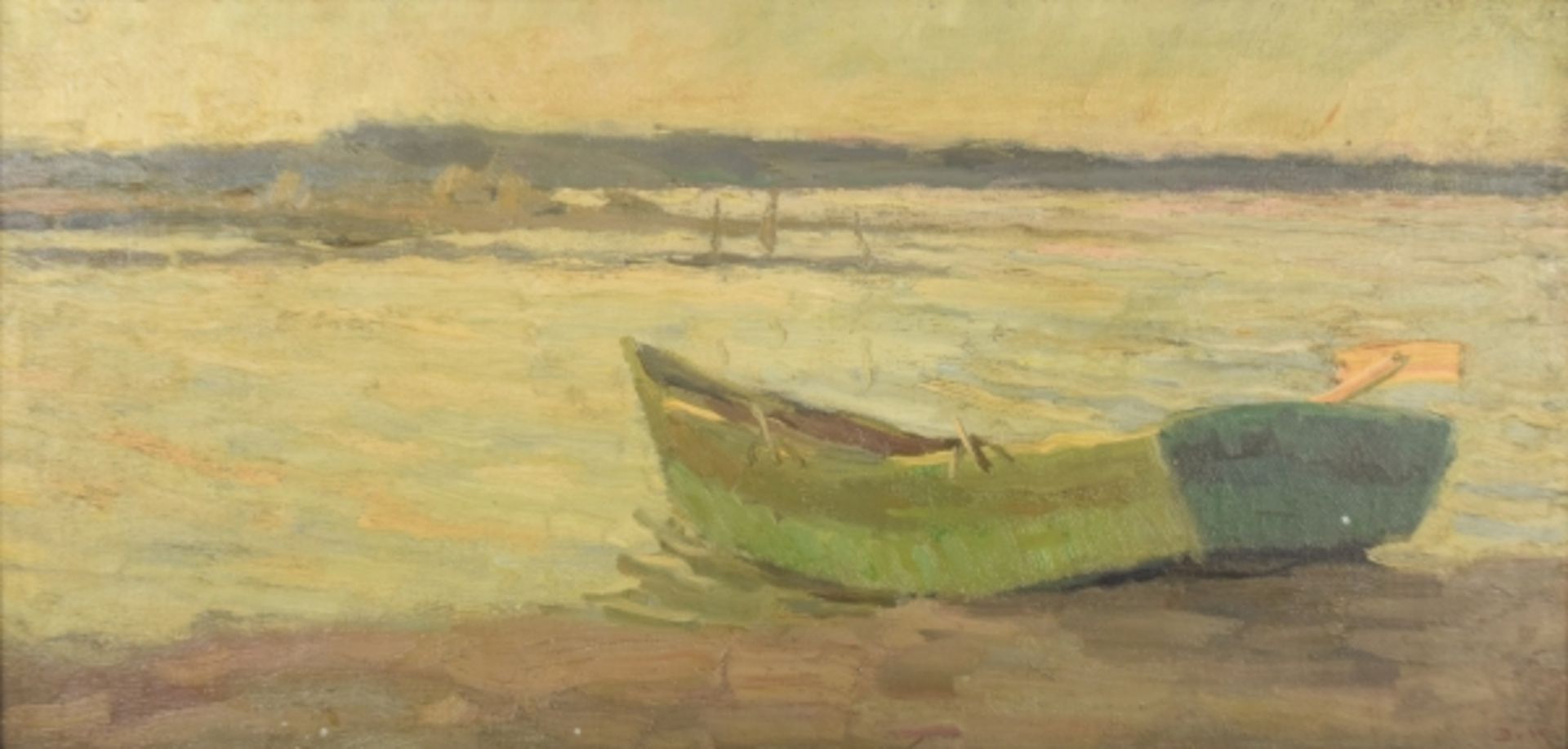 KLINCKERFUSS B. (1881-1940) "Chiemseeboot" Ruderboot am Ufer des Sees, Öl auf Malkarton, links unten