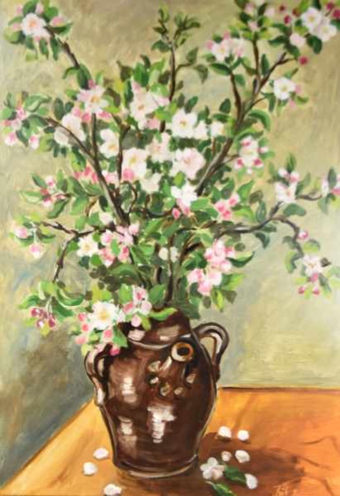 FRÜH Peter (20. Jahrhundert) "Kirschblütenstrauß", Blumenstillleben mit blühenden Zweigen in Vase,