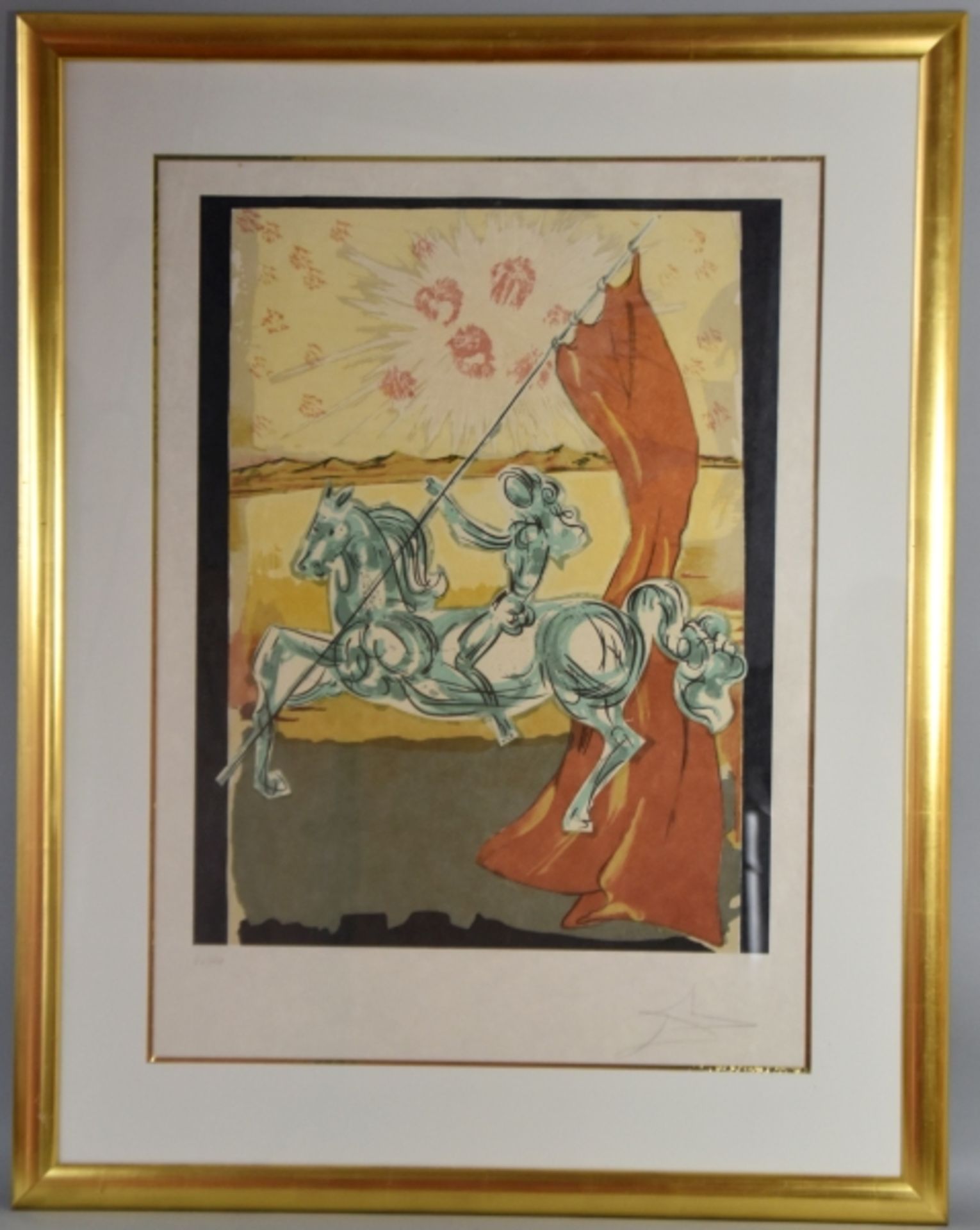 DALI Salvadore (1904-1989 Figueres) "Reiterin mit Fahne", wohl Jeanne D'Arc, Farblithographie,