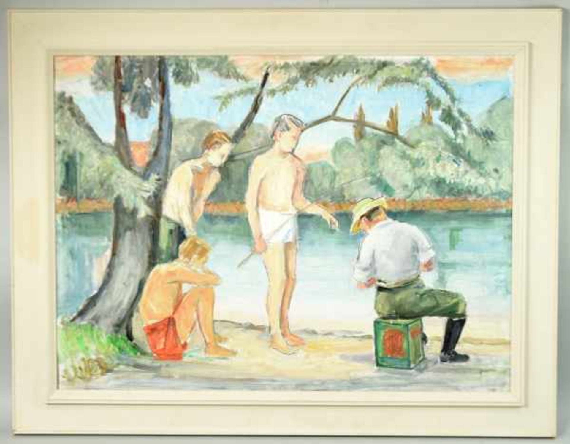 EINHART Karl (1884-1967 Konstanz) "Angler am Rhein", Vater und drei Söhne beim Angeln am Rhein mit - Bild 2 aus 5