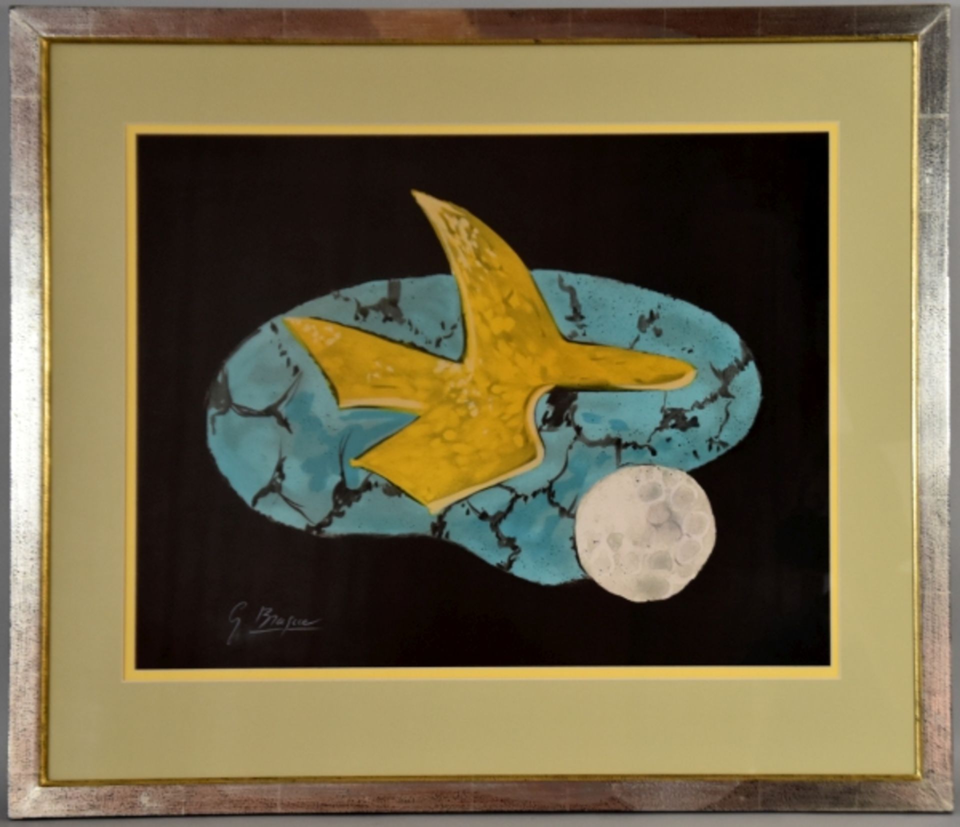 BRAQUE Georges (1882 Argenteuil-1963 Paris) "Vogel auf Türkis mit weißem Kreis", Farblithographie,