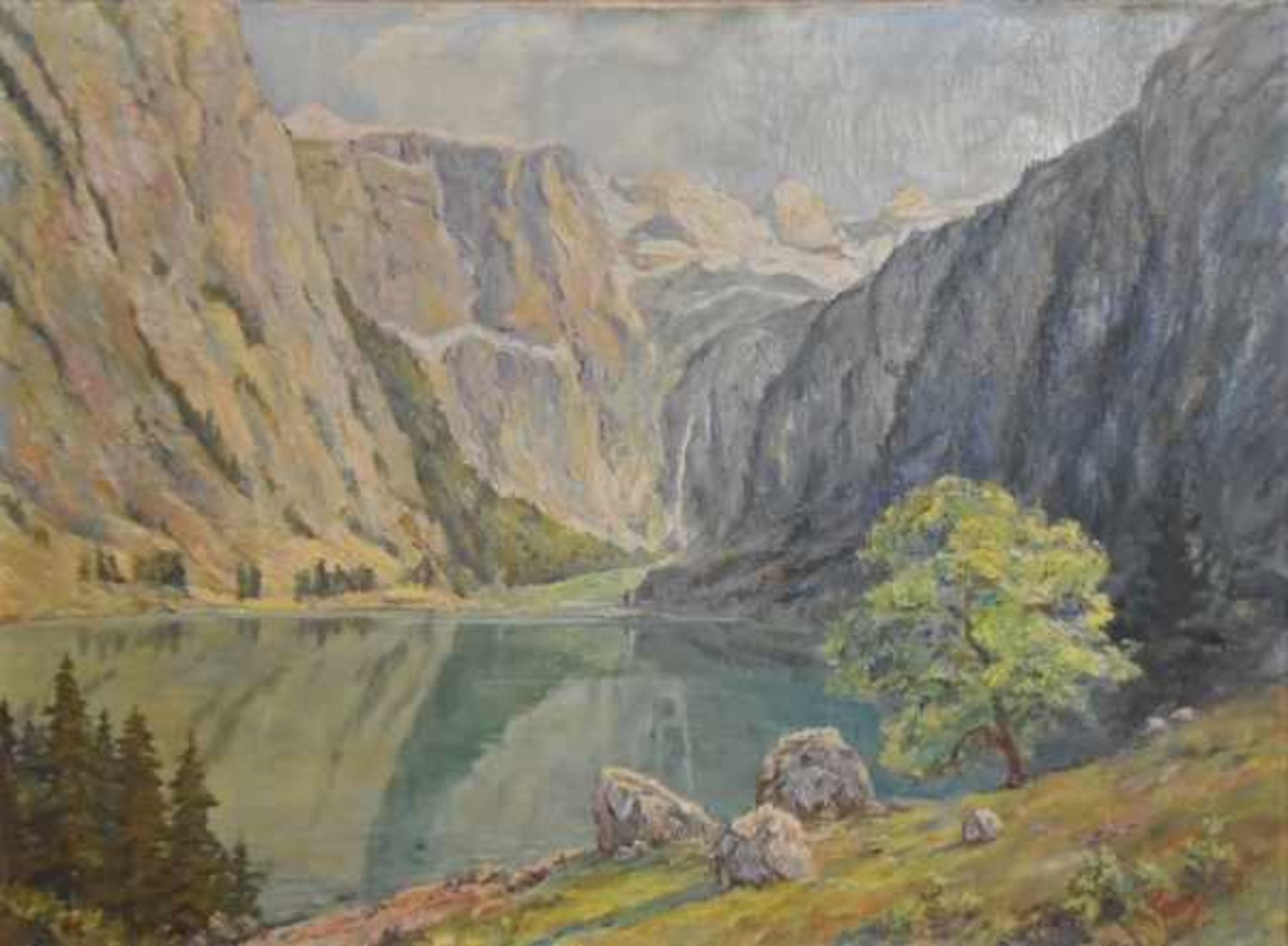 BODE-MILLER Heinrich (1878-1959) "Berglandschaft" mit See inmitten vom Alpenmassiv, Ölgemälde auf