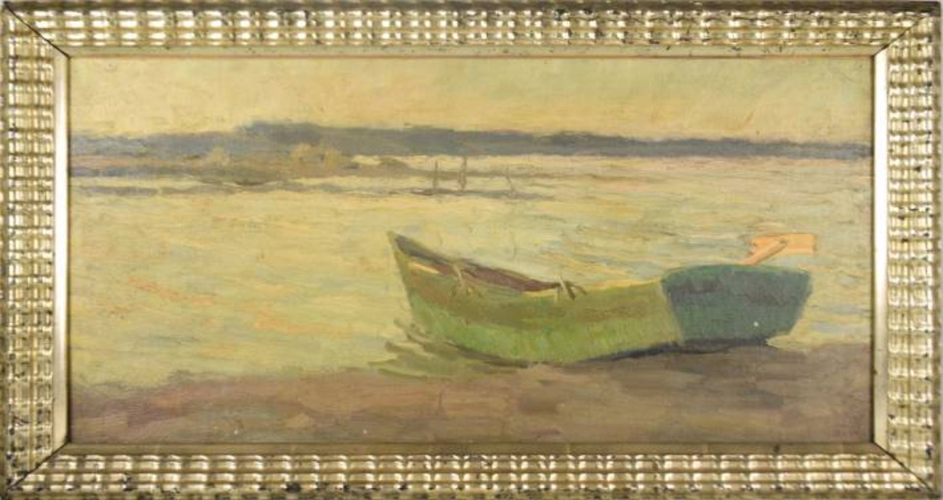 KLINCKERFUSS B. (1881-1940) "Chiemseeboot" Ruderboot am Ufer des Sees, Öl auf Malkarton, links unten - Bild 3 aus 7