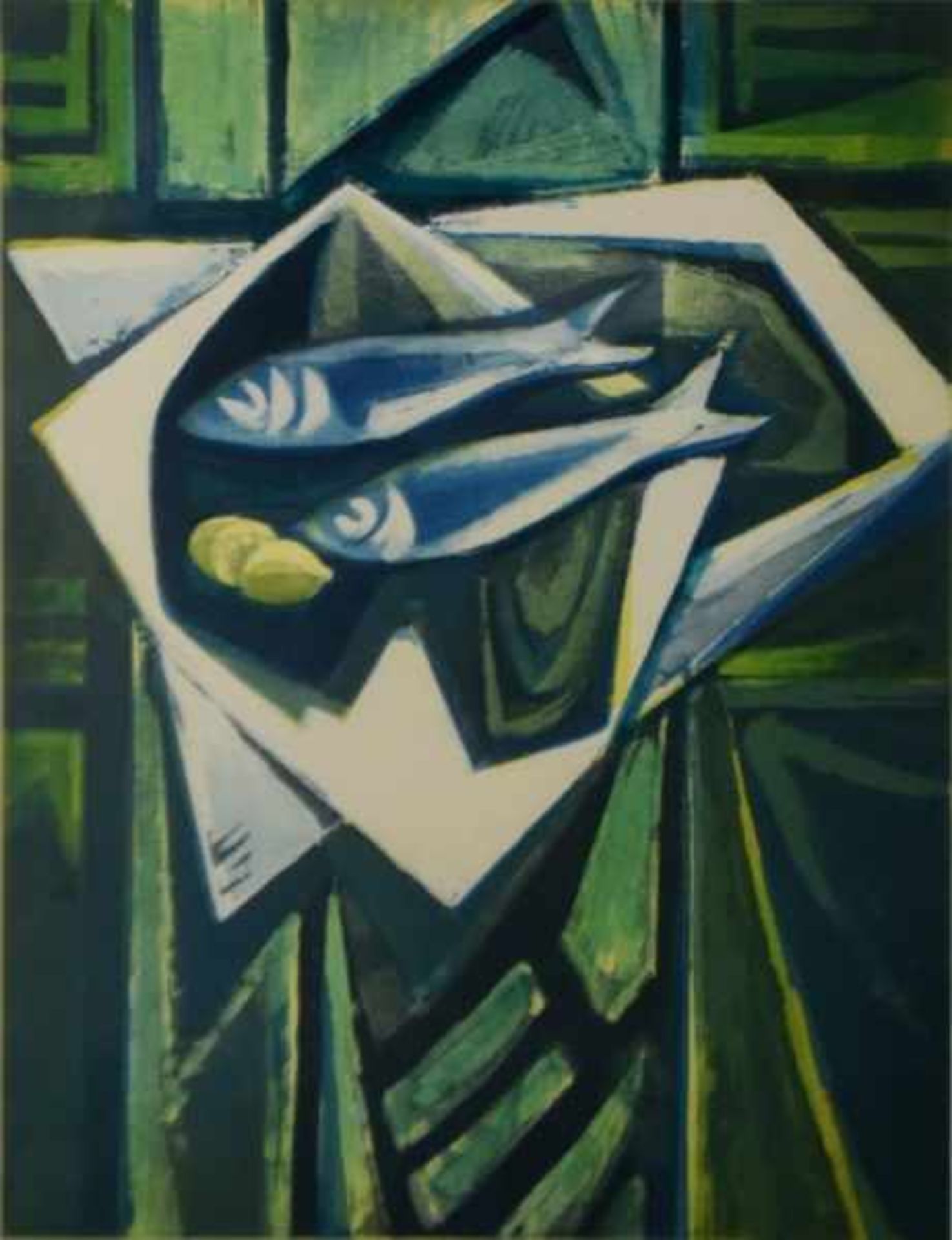 OSSWALD Karl (1925-1972 Singen) "Teller mit Fischen" in Grünblatönen, Farbgraphik, rechts unten - Bild 2 aus 5