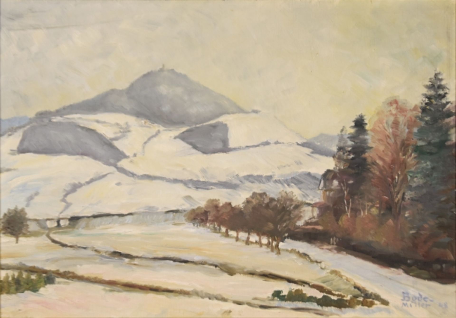BODE-MILLER Heinrich (1878-1959) "Winterlandschaft" mit schneebedecktem Berg in weiter Landschaft,