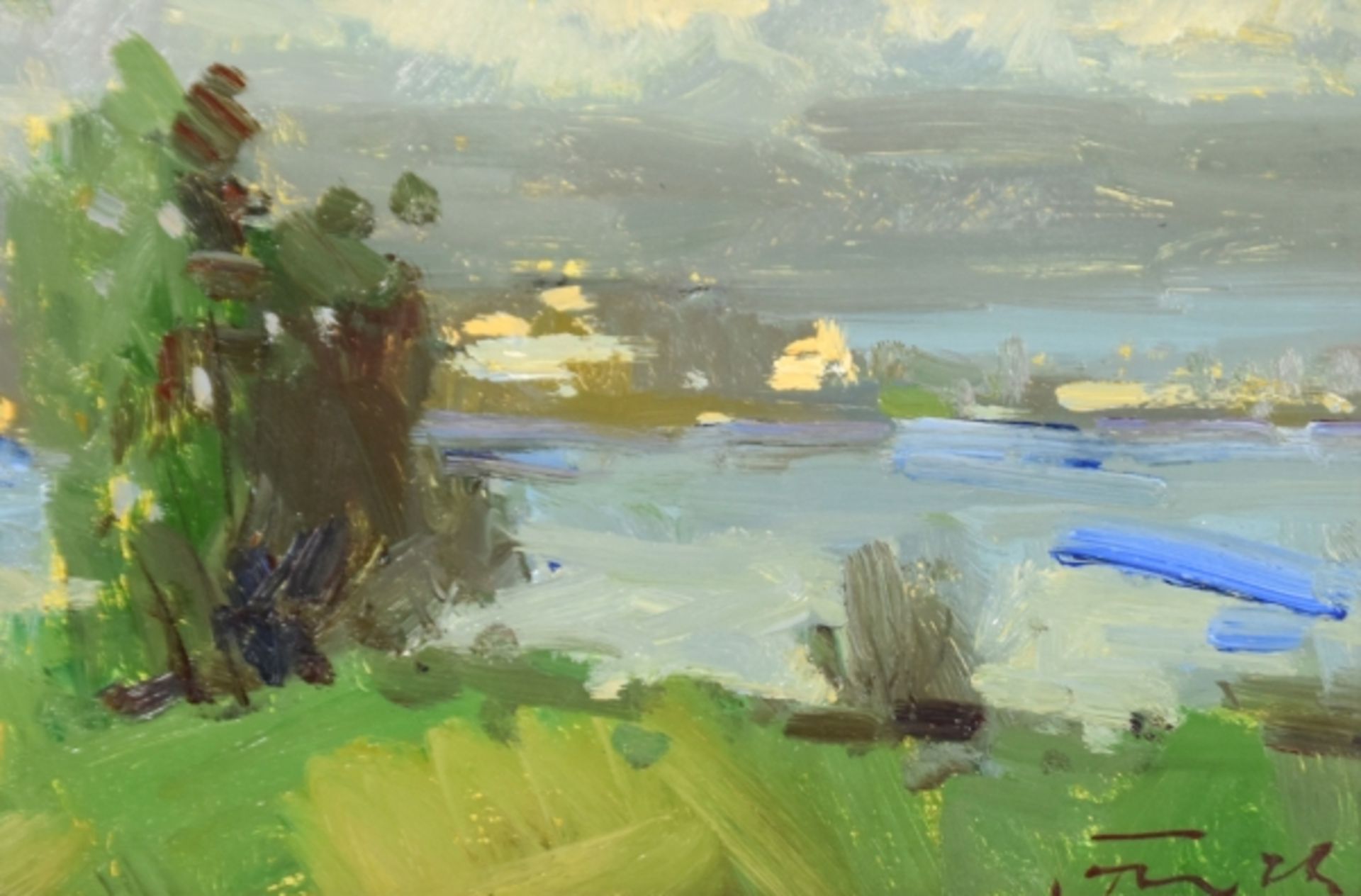 FRICK Guido H. (1947 Konstanz) "Oberzell, Reichenau", impressionistische Uferlandschaft, mit