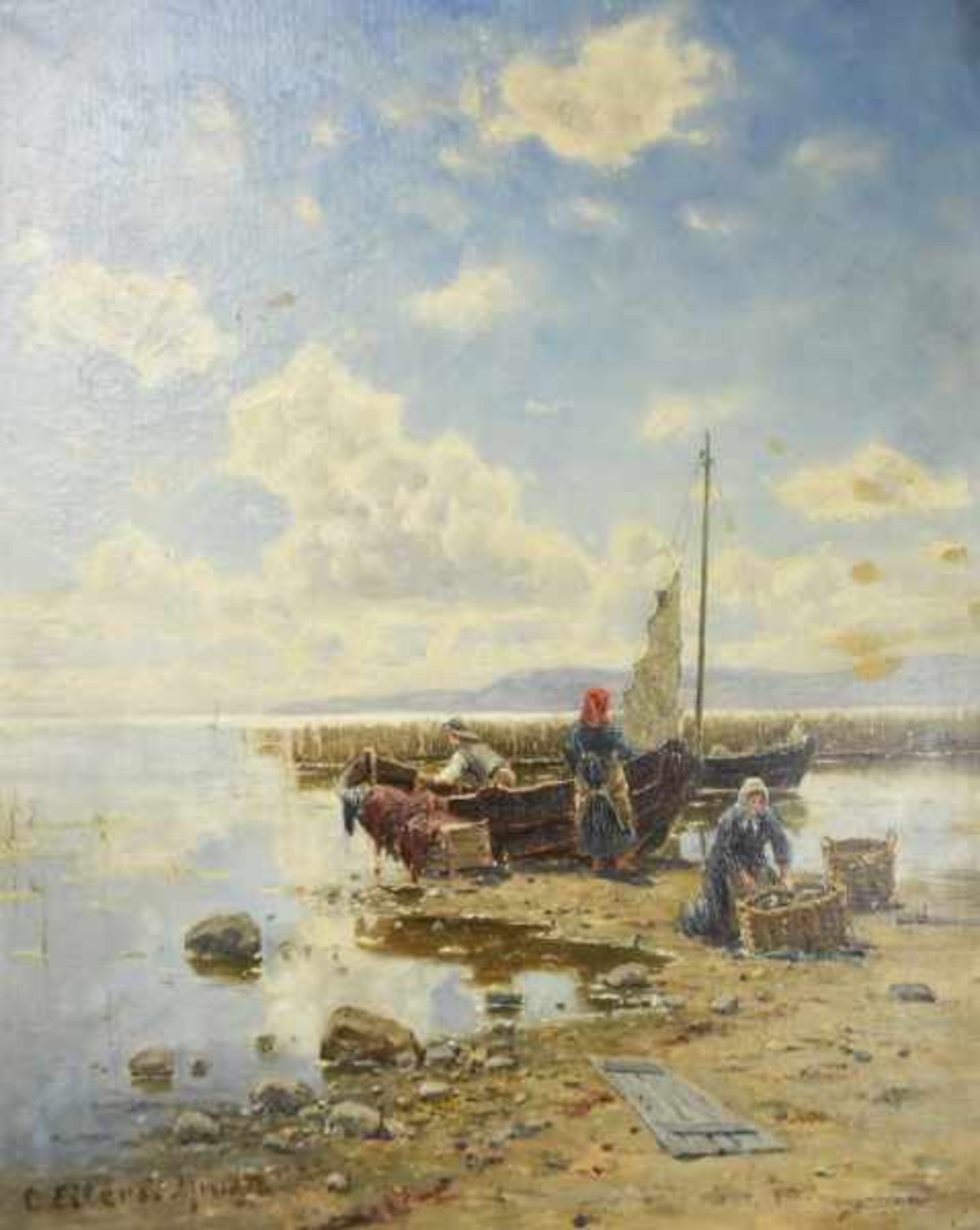 EILERS Conrad (1845 Kuhnkendorf - 1914 München) "Fischer am Ufer" beim Ausladen des Bootes, mit