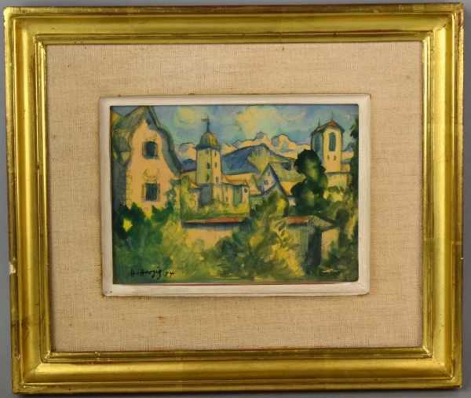 HERZIG Heinrich (1887-1964 Rheineck) "Kleine Stadt", vor Berpanorama mit üppig grünen Bäumen, - Bild 2 aus 7