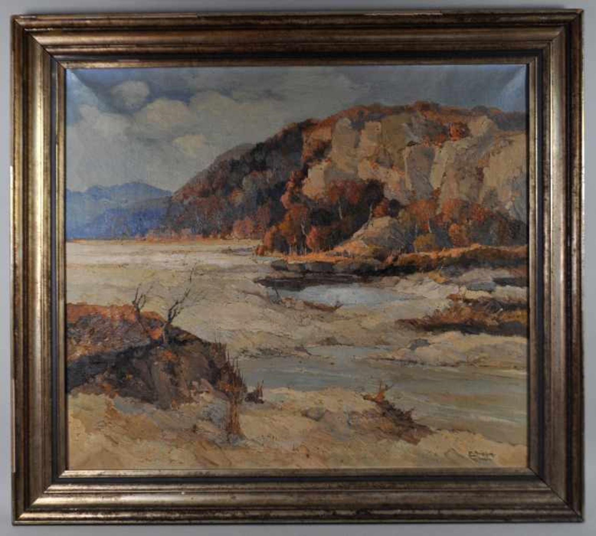 BREHM Emil (20. Jahrhundert, München) "Flusslandschaft" mit Gebirgshintergrund, Öl auf Leinwand, - Bild 2 aus 4