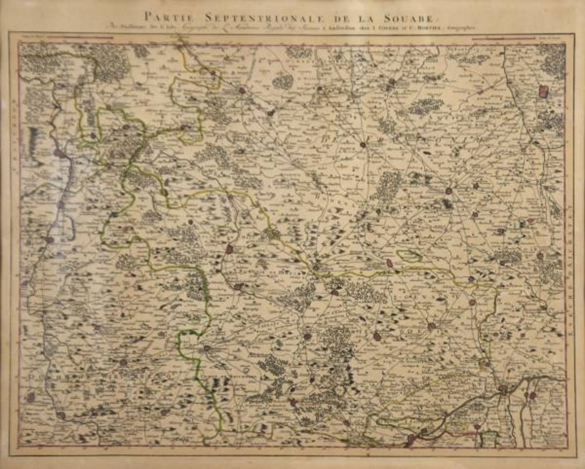LANDKARTE SCHWABEN "Partie Septentrionale de la Souabe", kolorierter Kupferstich, 18. Jahrhundert,