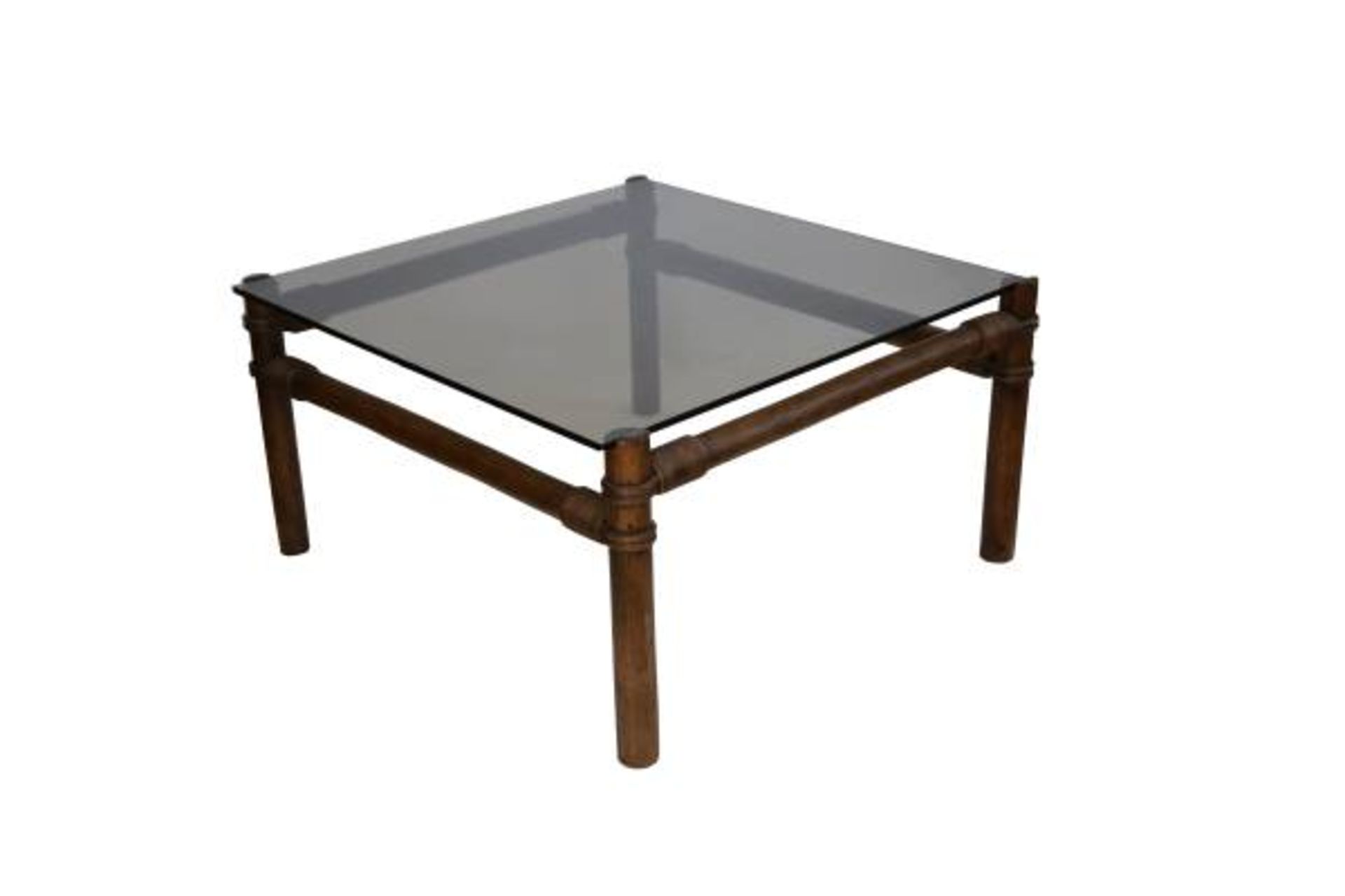 COFFEETABLE quadratisch aus Rattan mit dunkler Glasplatte, 60er/70er Jahre, 33,5x60x60 cmCOFFEETABLE