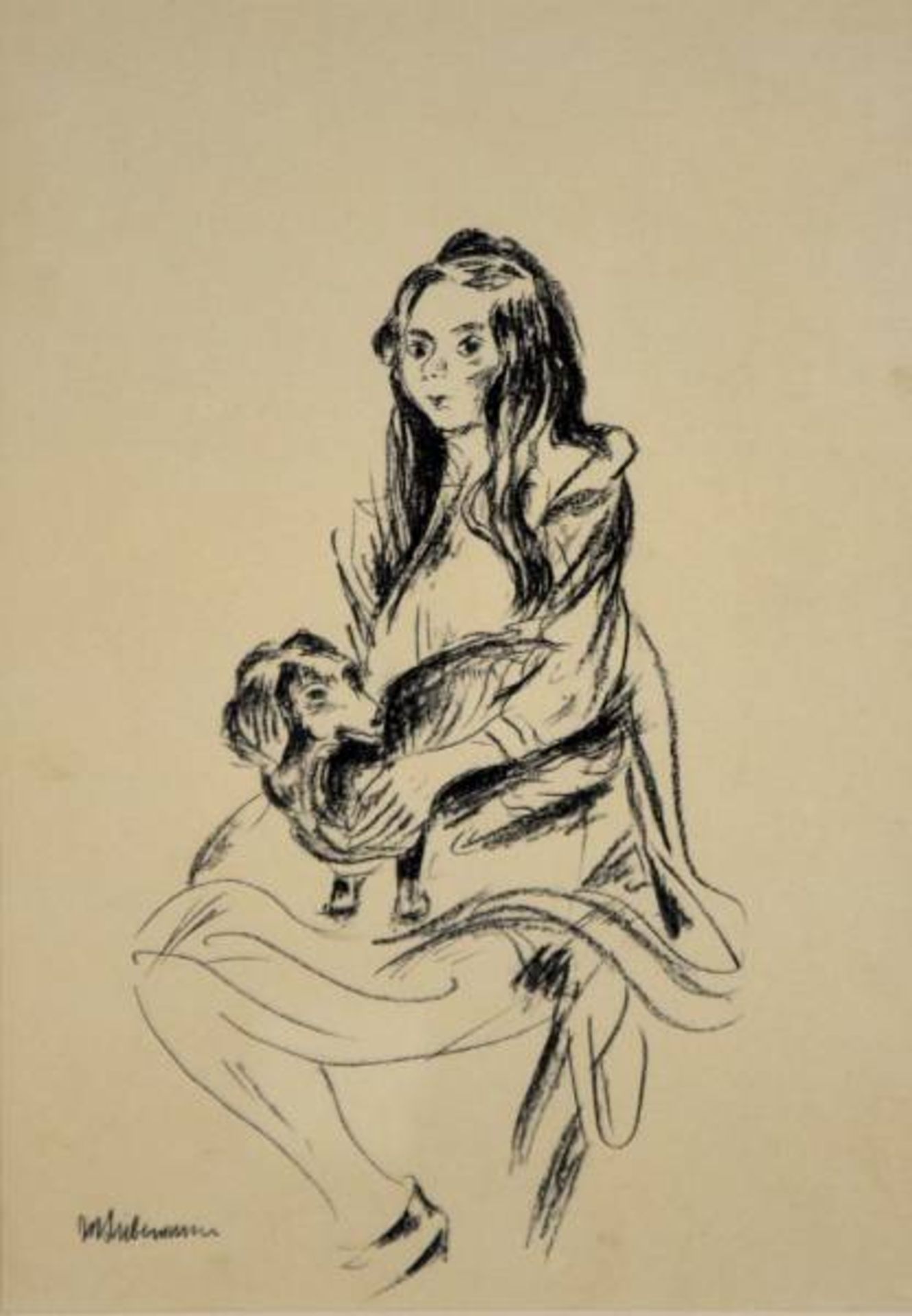 LIEBERMANN Max (1847-1935 Berlin) "Mädchen mit Dackel", Lithographie im Stein signiert, 36x25 cm,