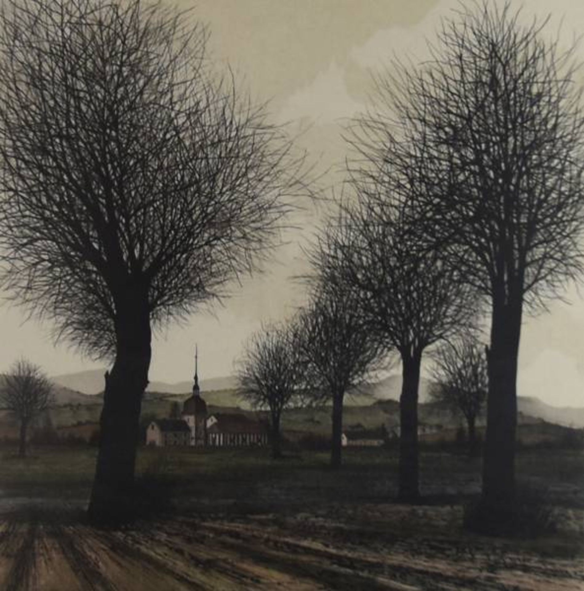 DEPERTHES Jacques (1936 Suresnes) "Dorfkirche", umgeben von weiter Landschaft mit