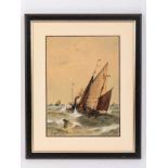 Marinemaler um 1900. Aquarell auf Papier "Segelboot und Dampfschiff auf bewegter See" mit