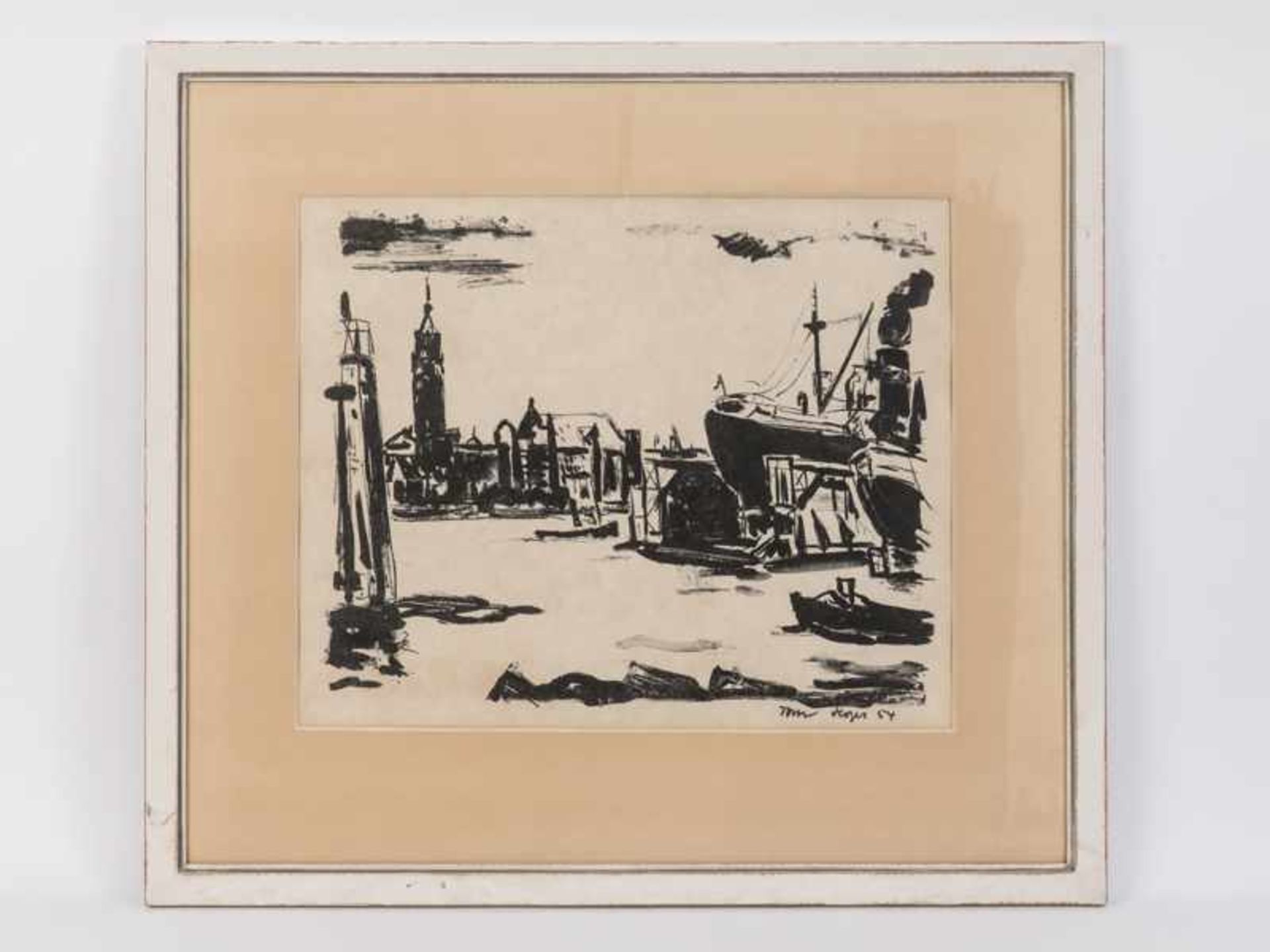 Hops, Tom (1906-1976). "Hamburger Hafen mit Kehrwiederspitze"; Lithographie, unten rechts (im