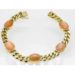 Flachpanzerarmband mit 5 Mondstein-Cabochons, Goldschmiedearbeit, 90- er Jahre 750/- Gelbgold.