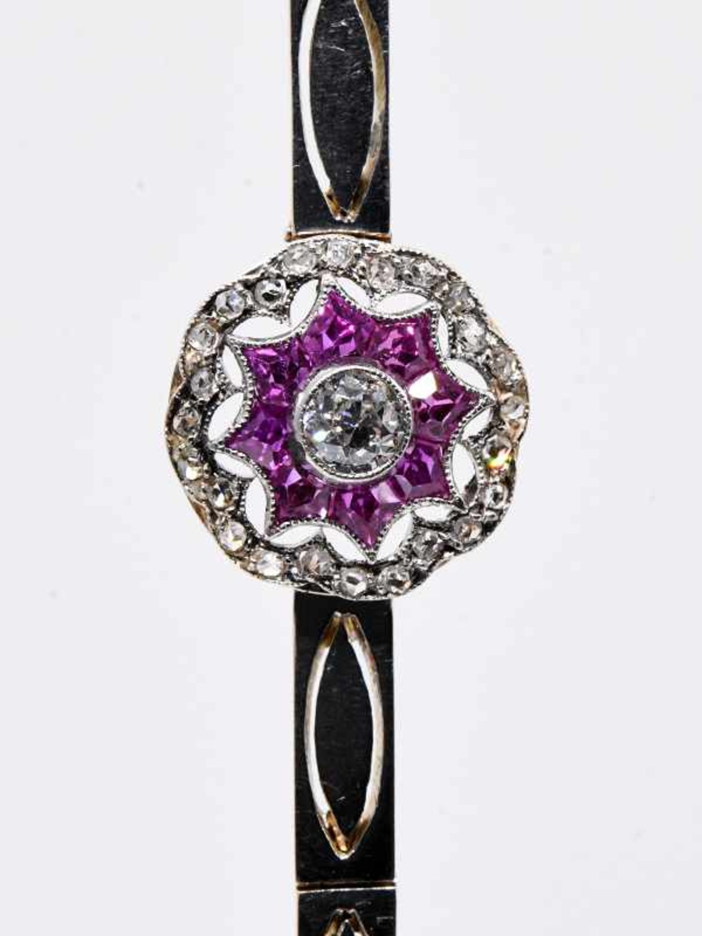 Armband mit 8 Rubinen, Altschliff-Diamant ca. 0,2 ct und 25 Diamantrosen ca. 0,1 ct, Art Deco. 585/- - Bild 5 aus 5